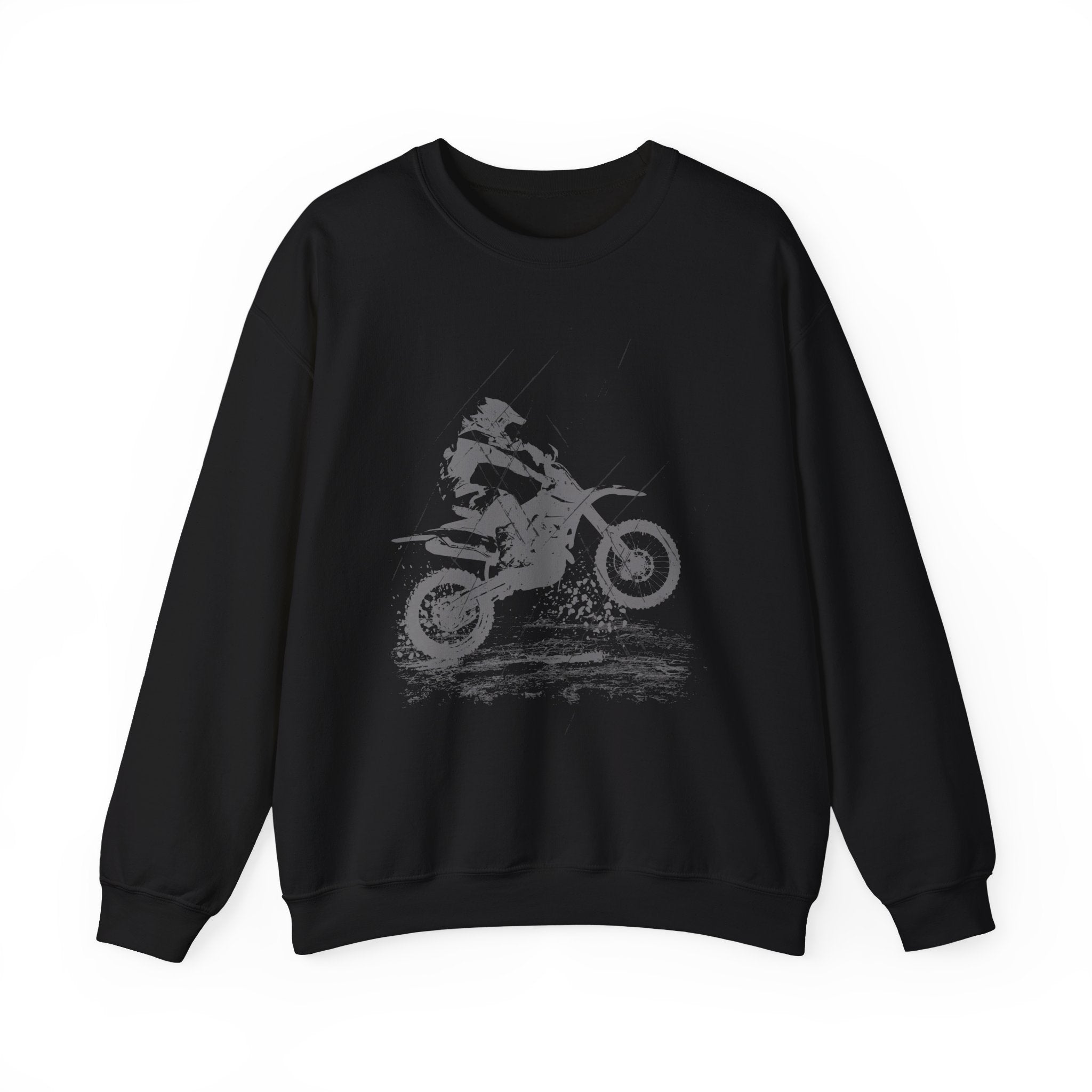 Black sweatshirt with a graphic of a person on a motorcycle on a white background