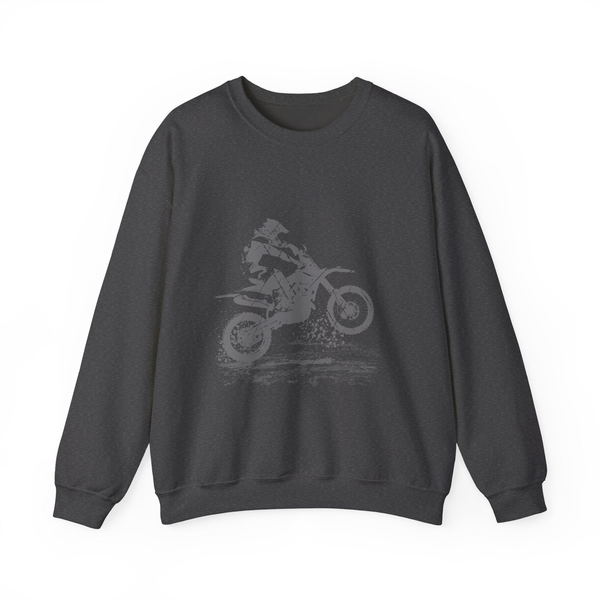 Dark heather gray sweatshirt with a graphic of a person on a motorcycle on a white background