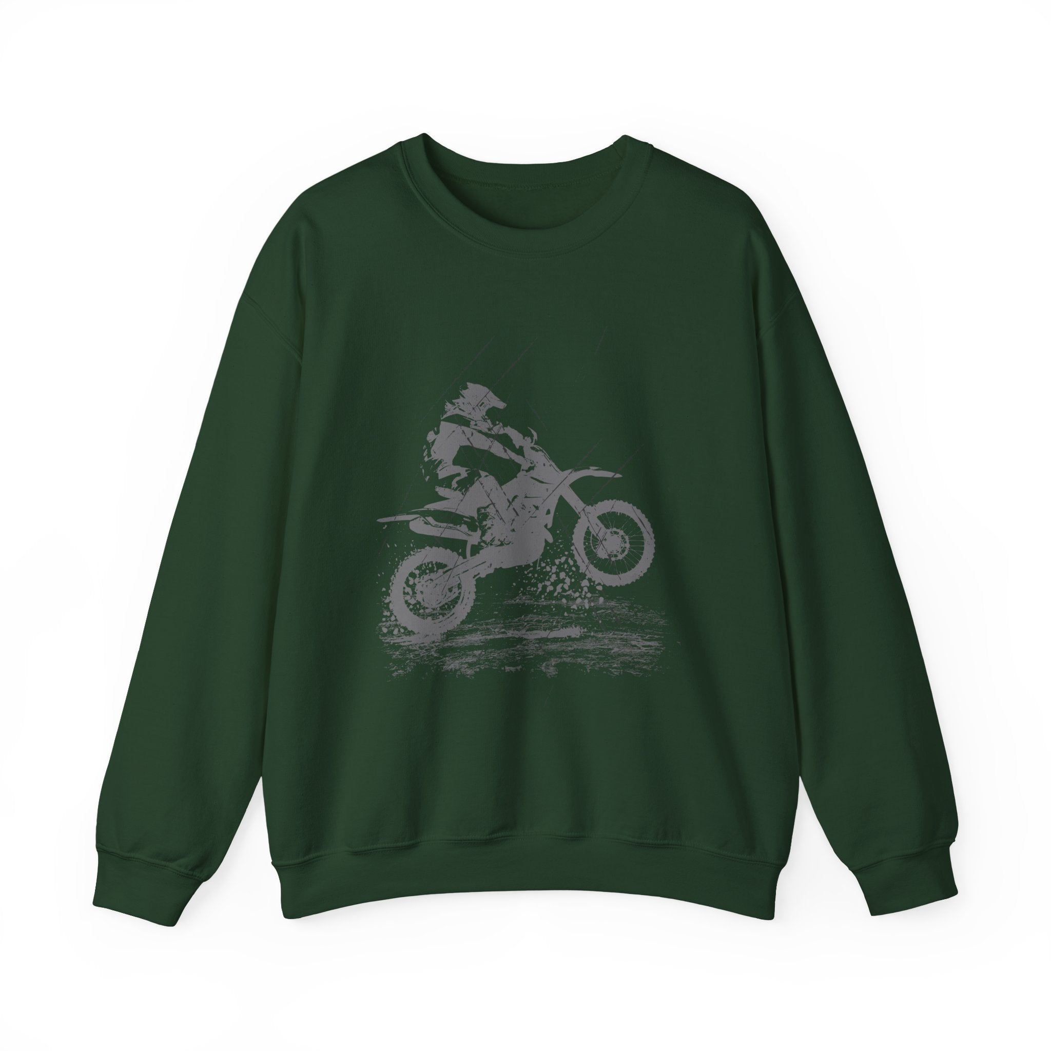 Forest green sweatshirt with a graphic of a person on a motorcycle on a white background