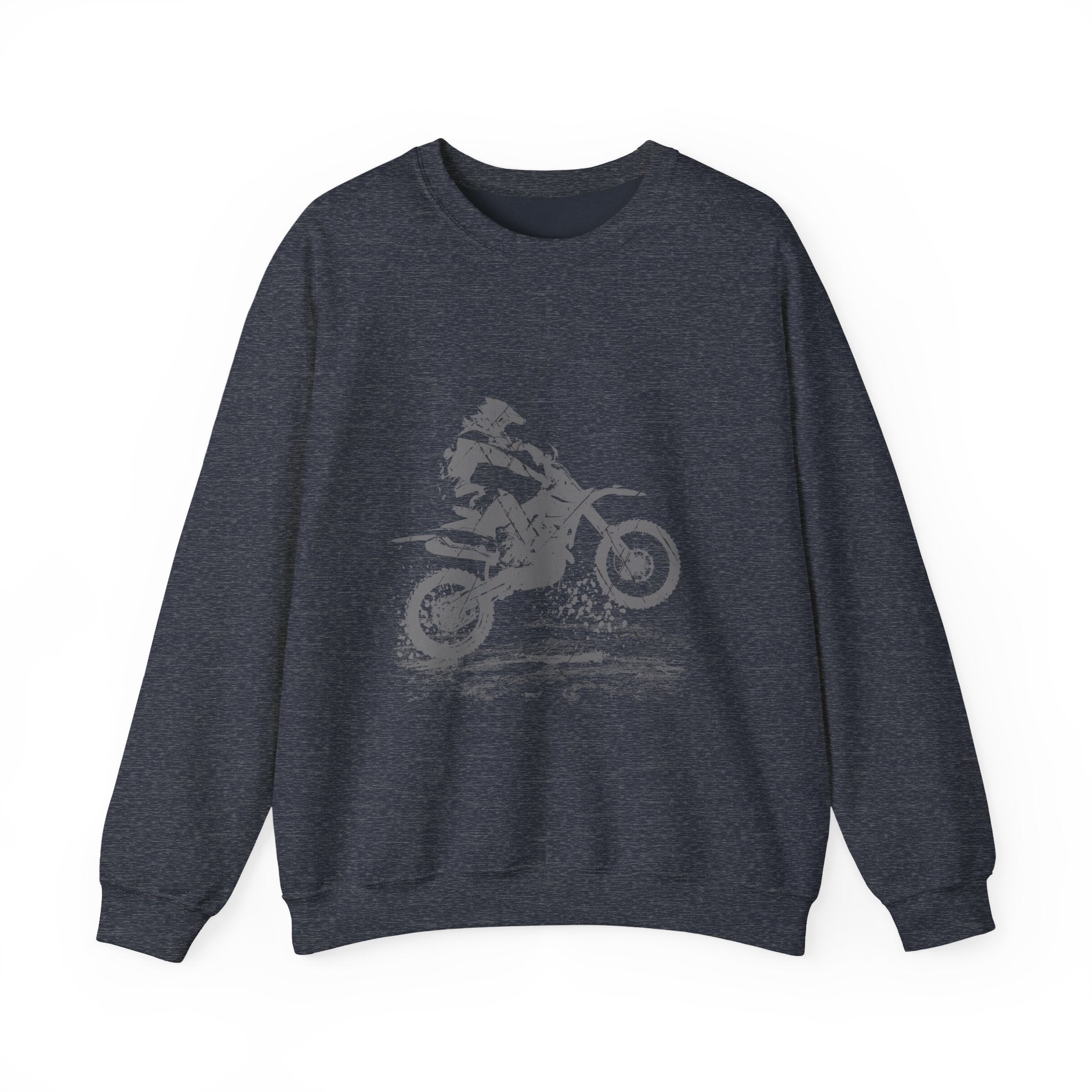 Heather sport dark navy gray sweatshirt with a graphic of a person on a motorcycle on a white background