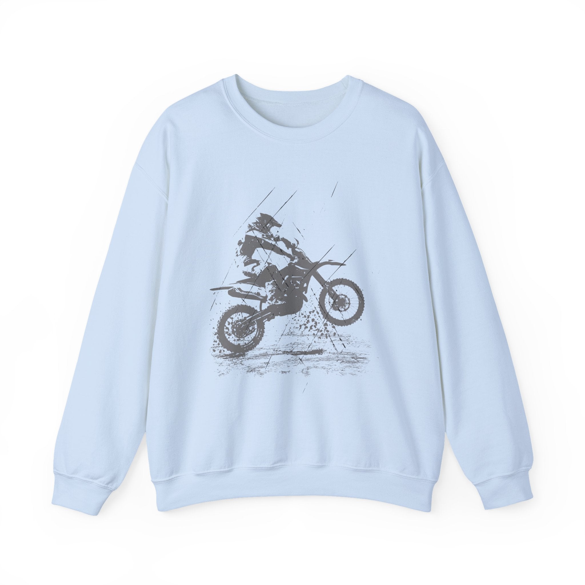 Light blue sweatshirt with a graphic of a person on a motorcycle on a white background