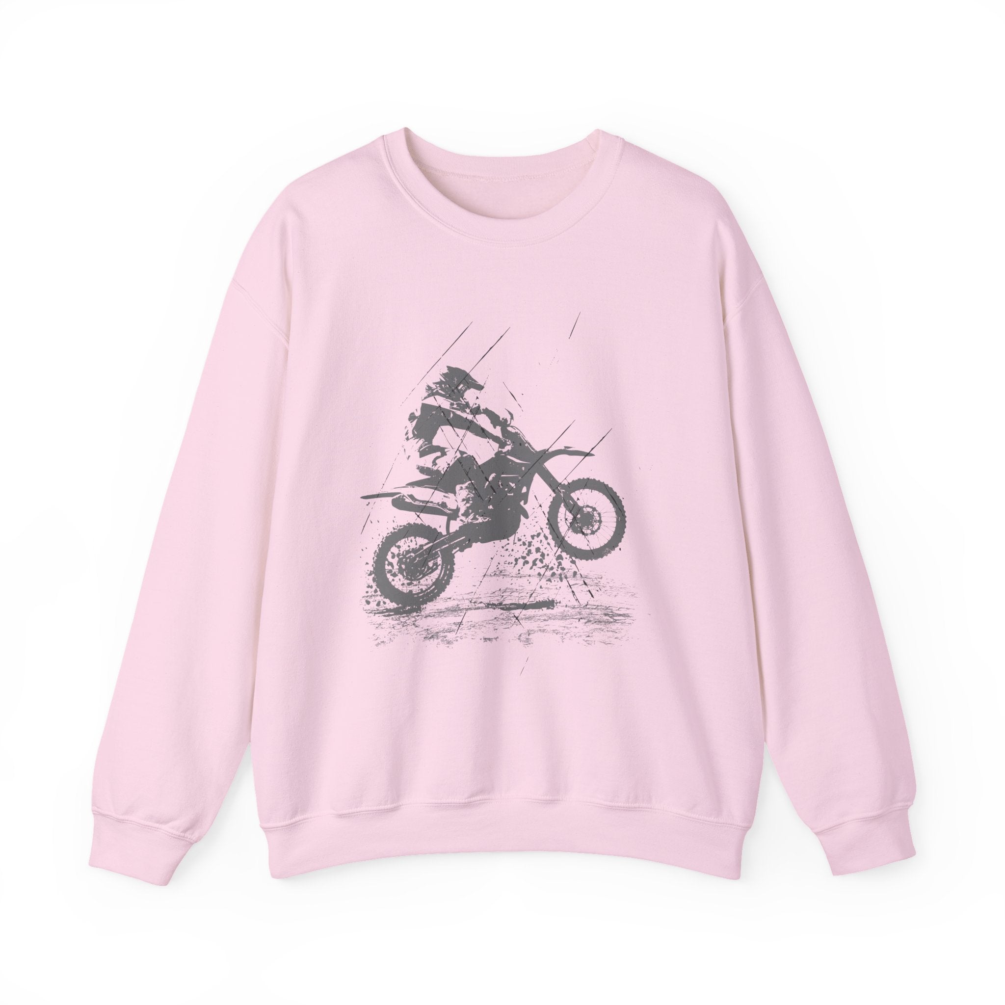 Light pink sweatshirt with a graphic of a person on a motorcycle on a white background