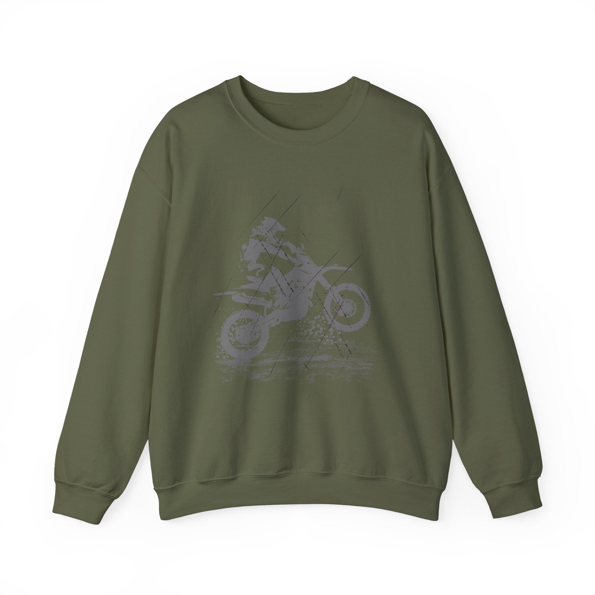 Military green sweatshirt with a graphic of a motorcycle on a white background