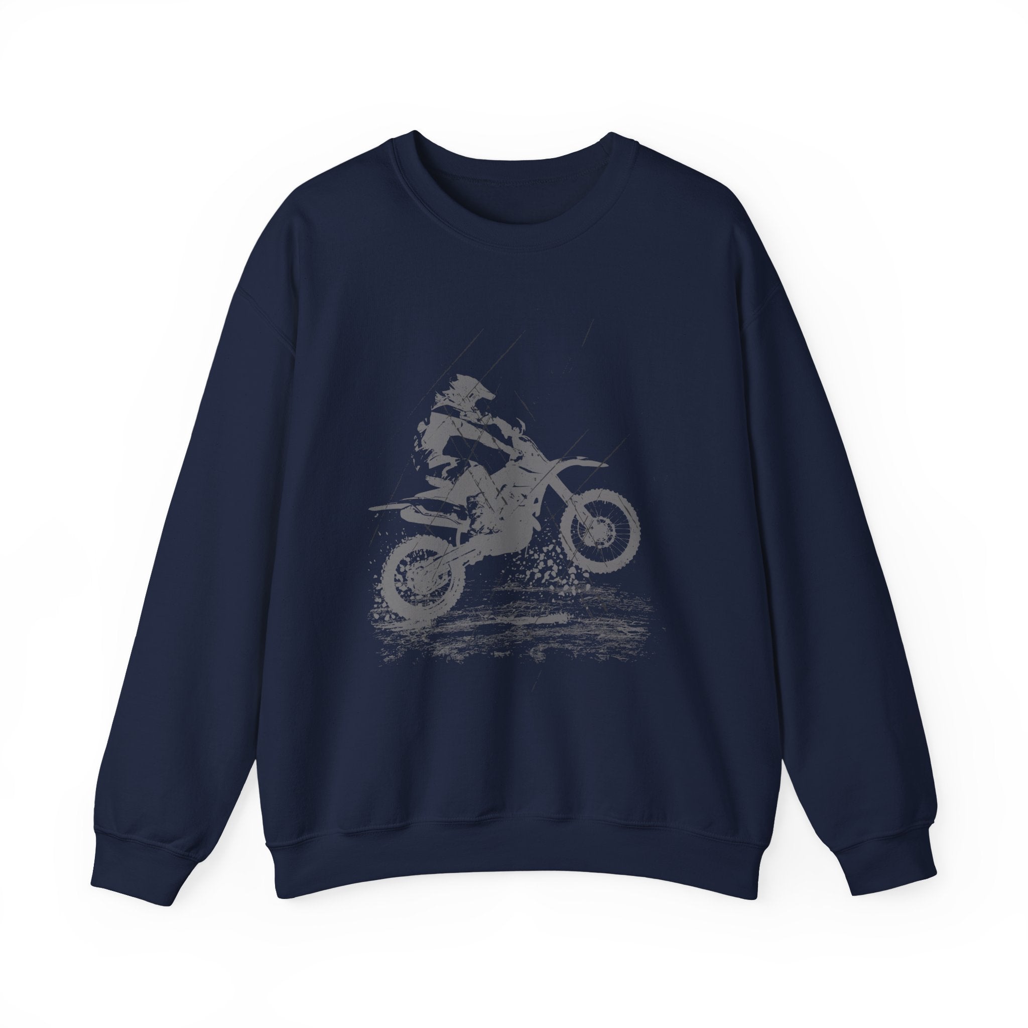 Navy blue sweatshirt with a graphic of a motocross rider on a white background
