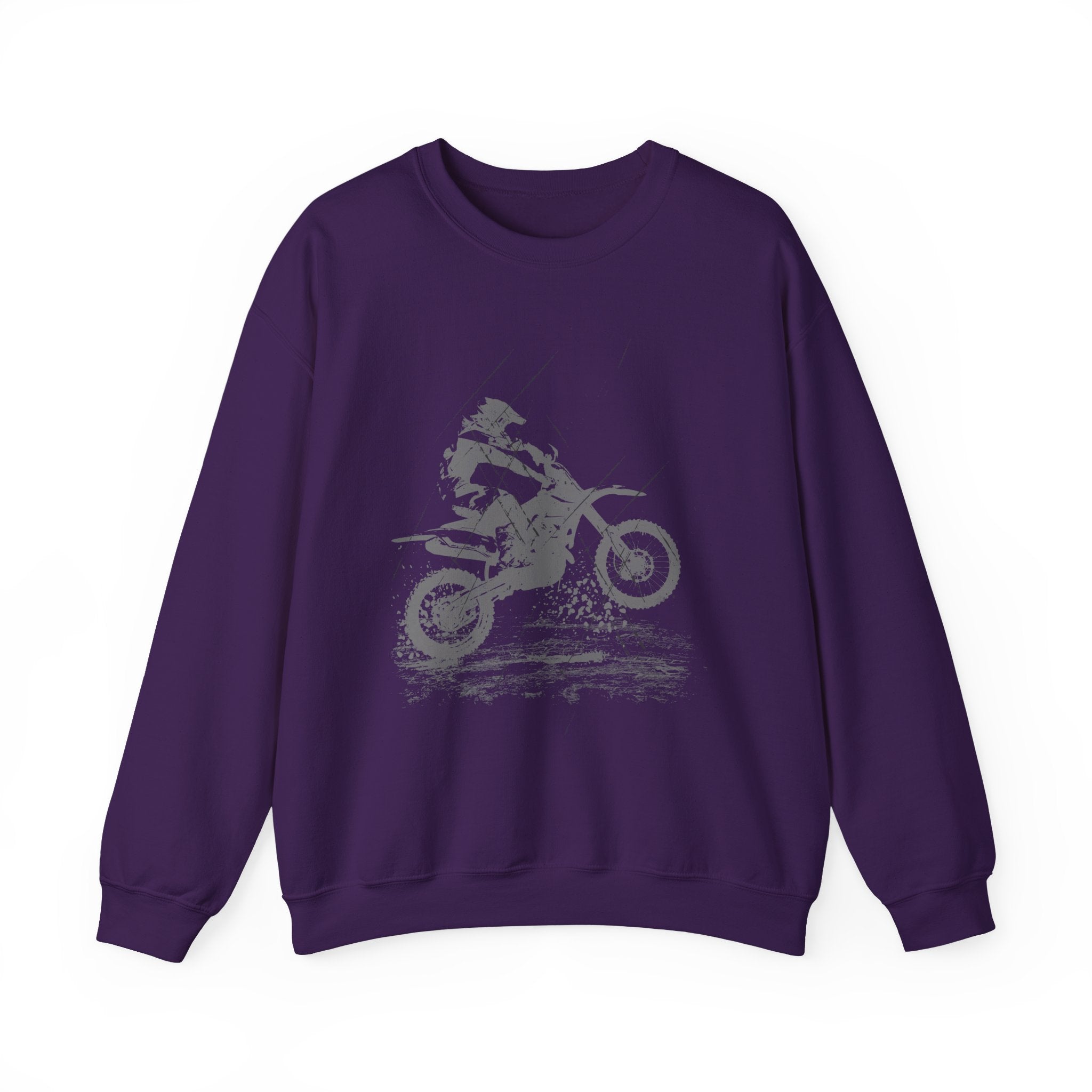 Purple sweatshirt with a graphic of a person on a motorcycle on a white background