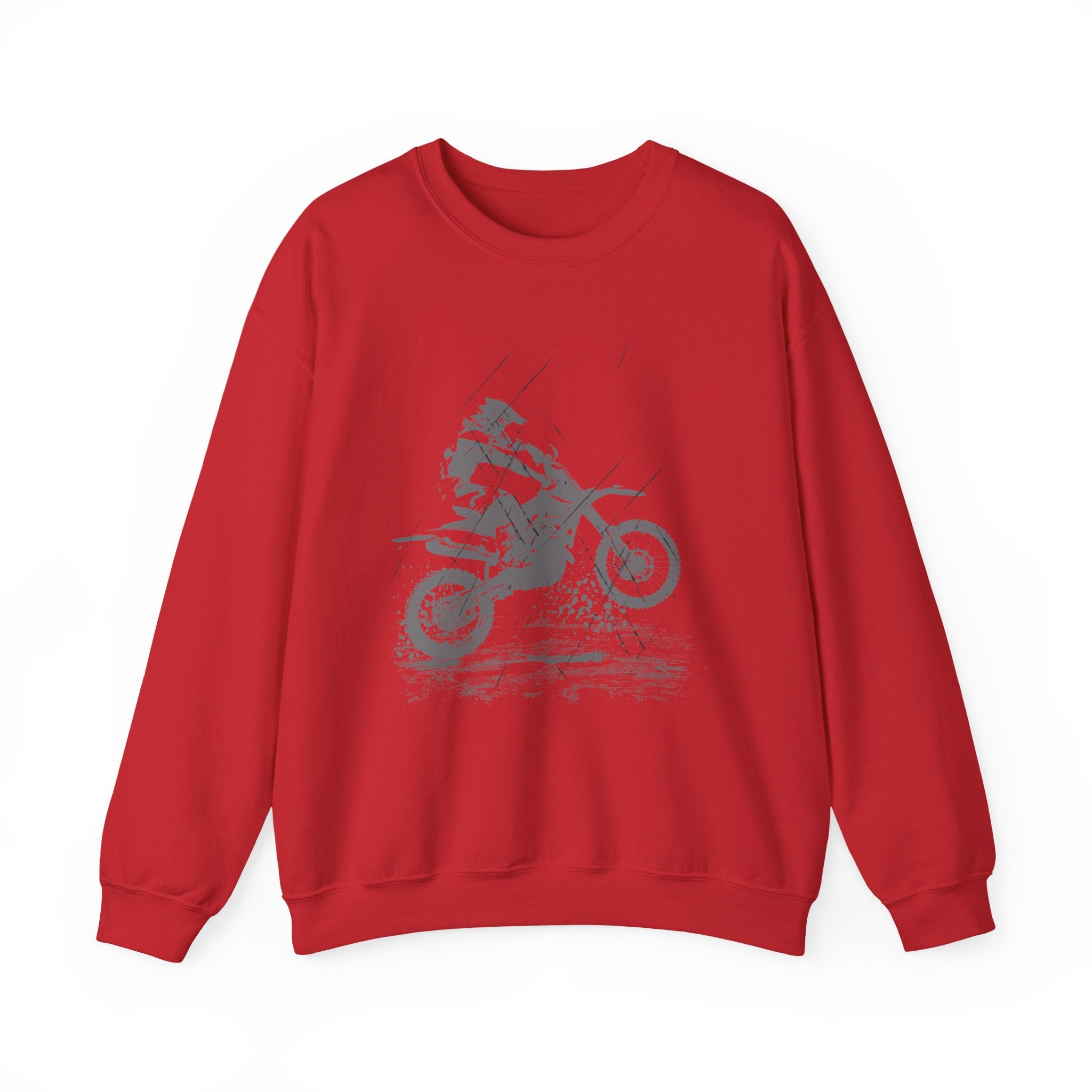 Red sweatshirt with a graphic of a person on a motorcycle on a white background