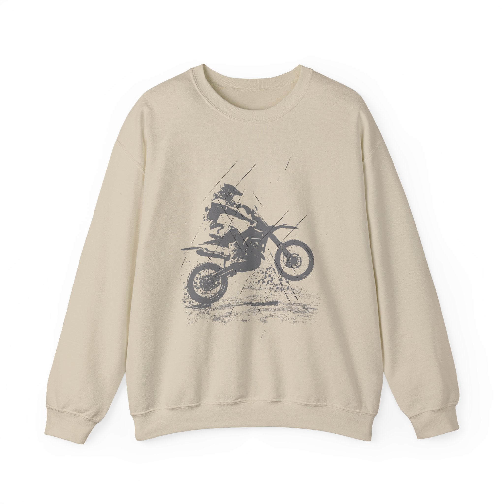 Beige sweatshirt with a graphic of a person on a motorcycle on a white background