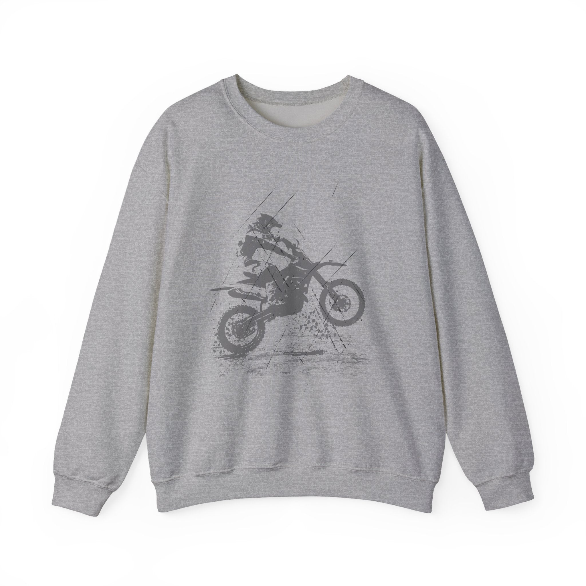 Gray sweatshirt with a graphic of a person on a motorcycle on a white background