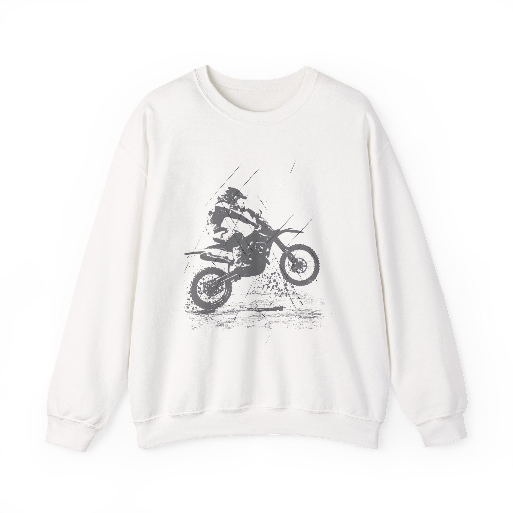 White sweatshirt with a graphic of a person on a motorcycle on a white background