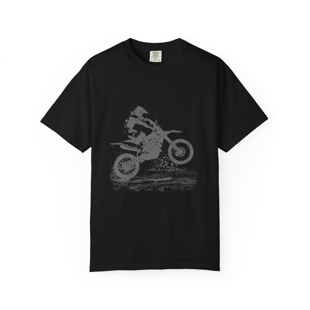 Black t-shirt with a vintage graphic of a person on a muddy motorcycle  on a white background