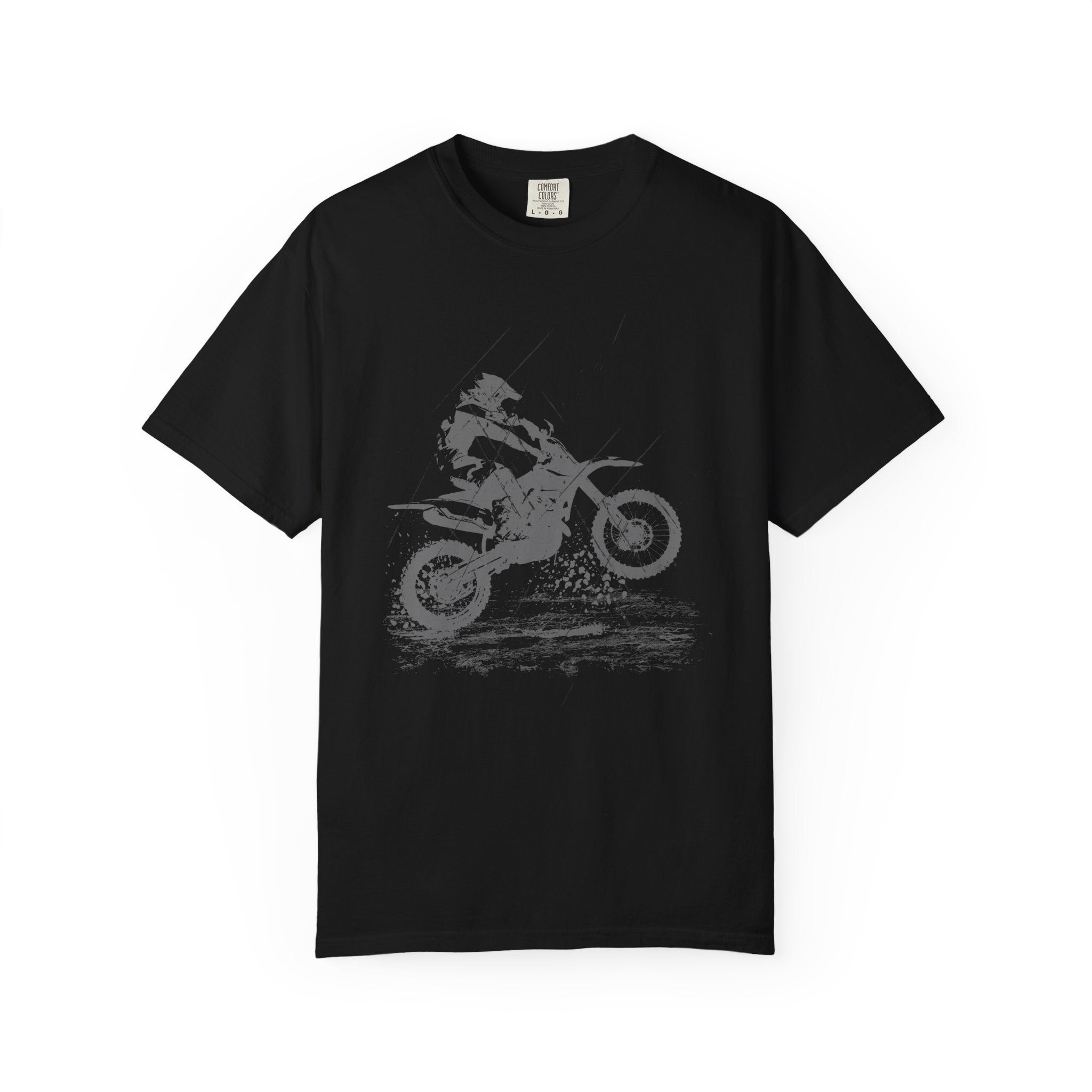 Black t-shirt with a vintage graphic of a person on a muddy motorcycle  on a white background
