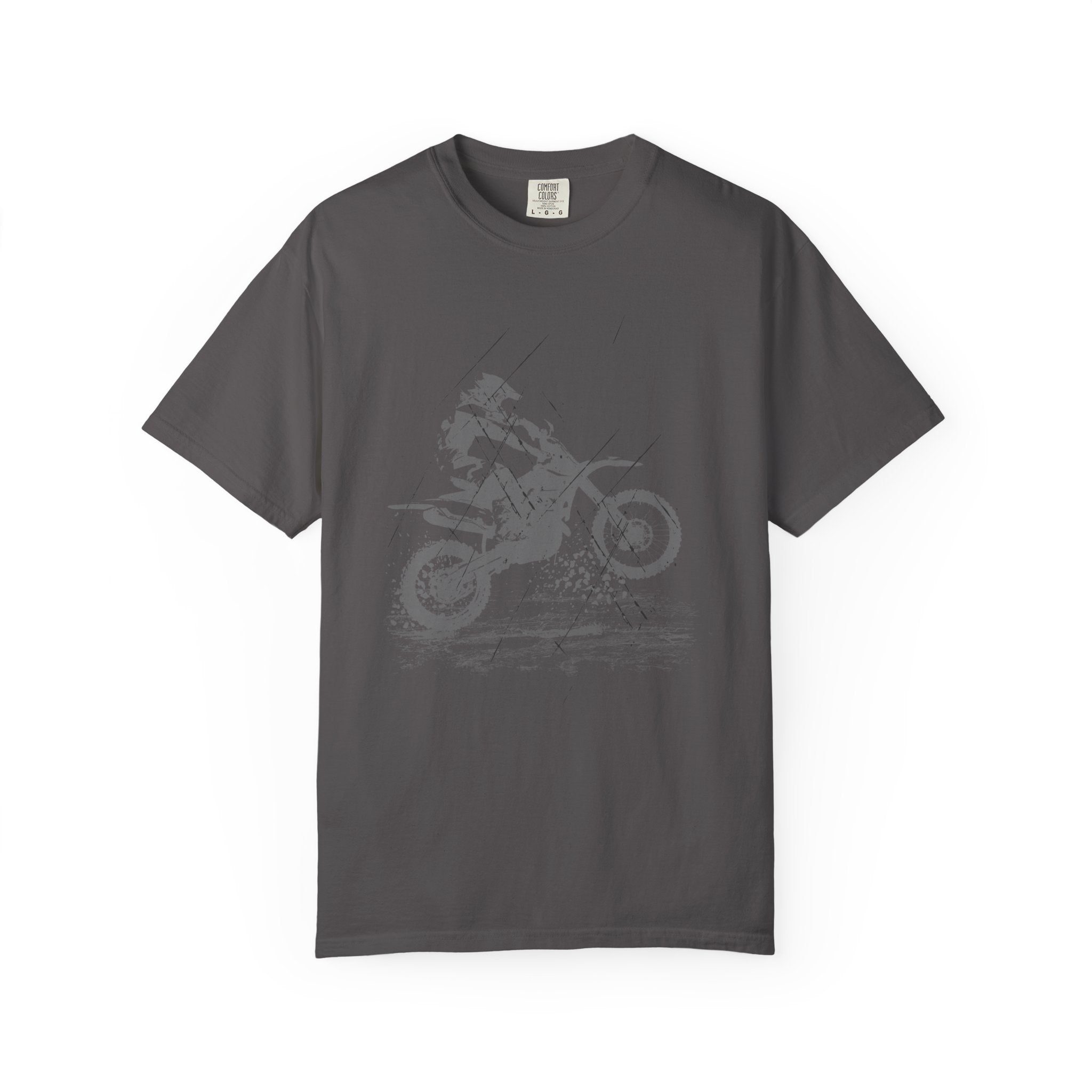 Graphite gray t-shirt with a vintage graphic of a person on a muddy motorcycle  on a white background