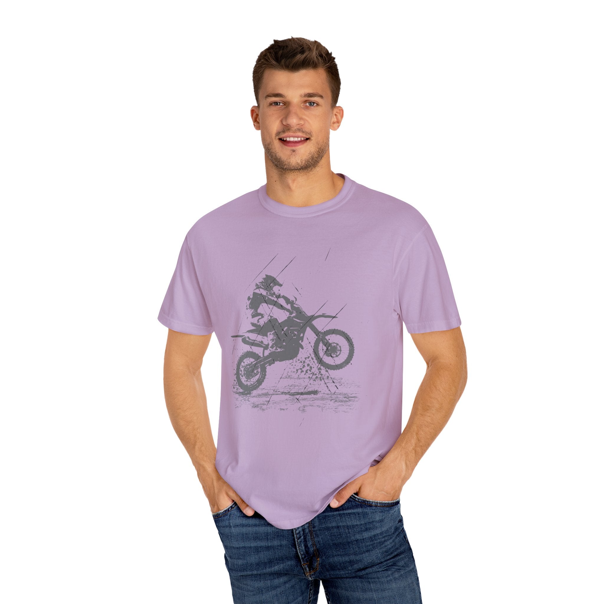 Man wearing a purple t-shirt with a graphic design on a white background