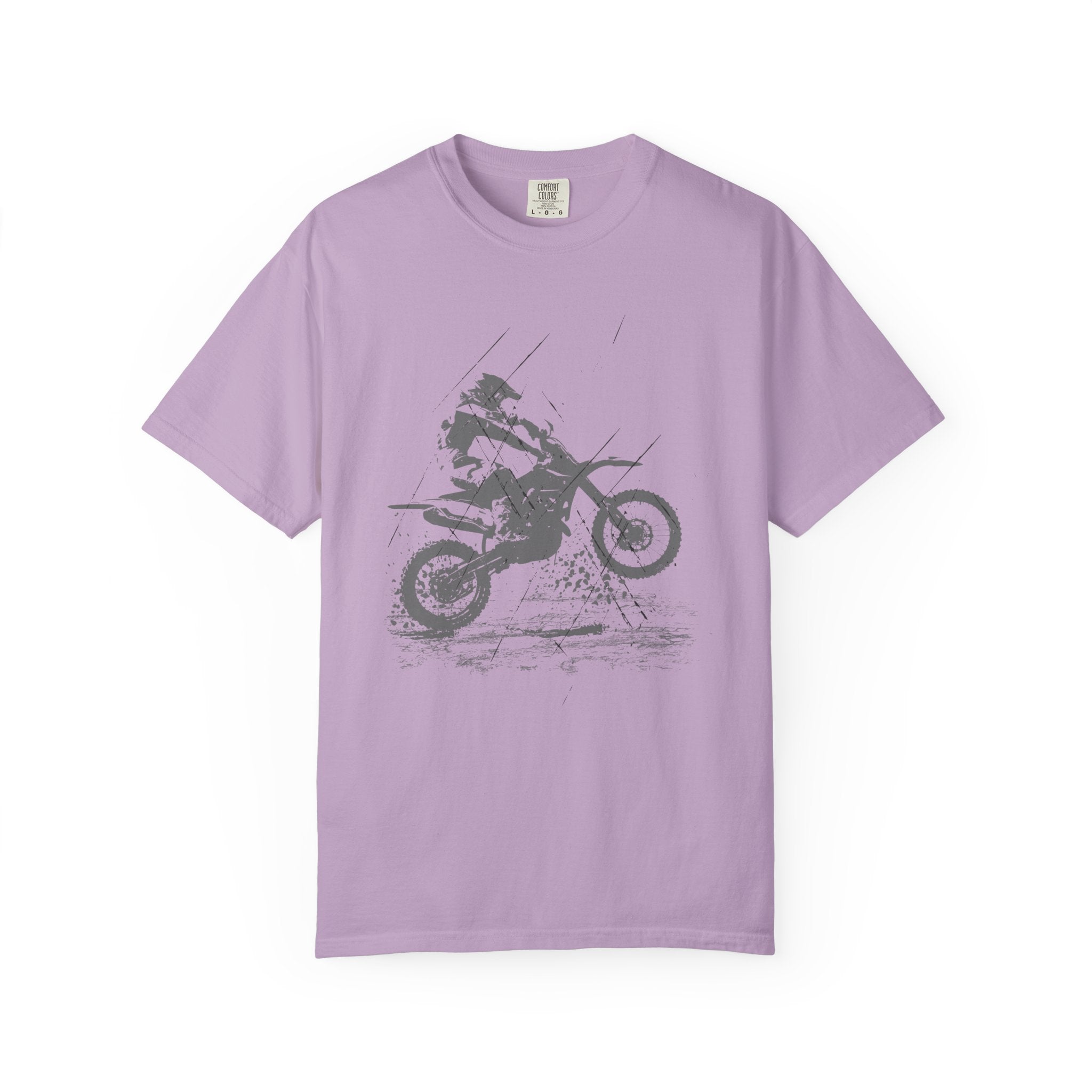 Orchid Lavender t-shirt with a vintage graphic of a person on a muddy motorcycle  on a white background