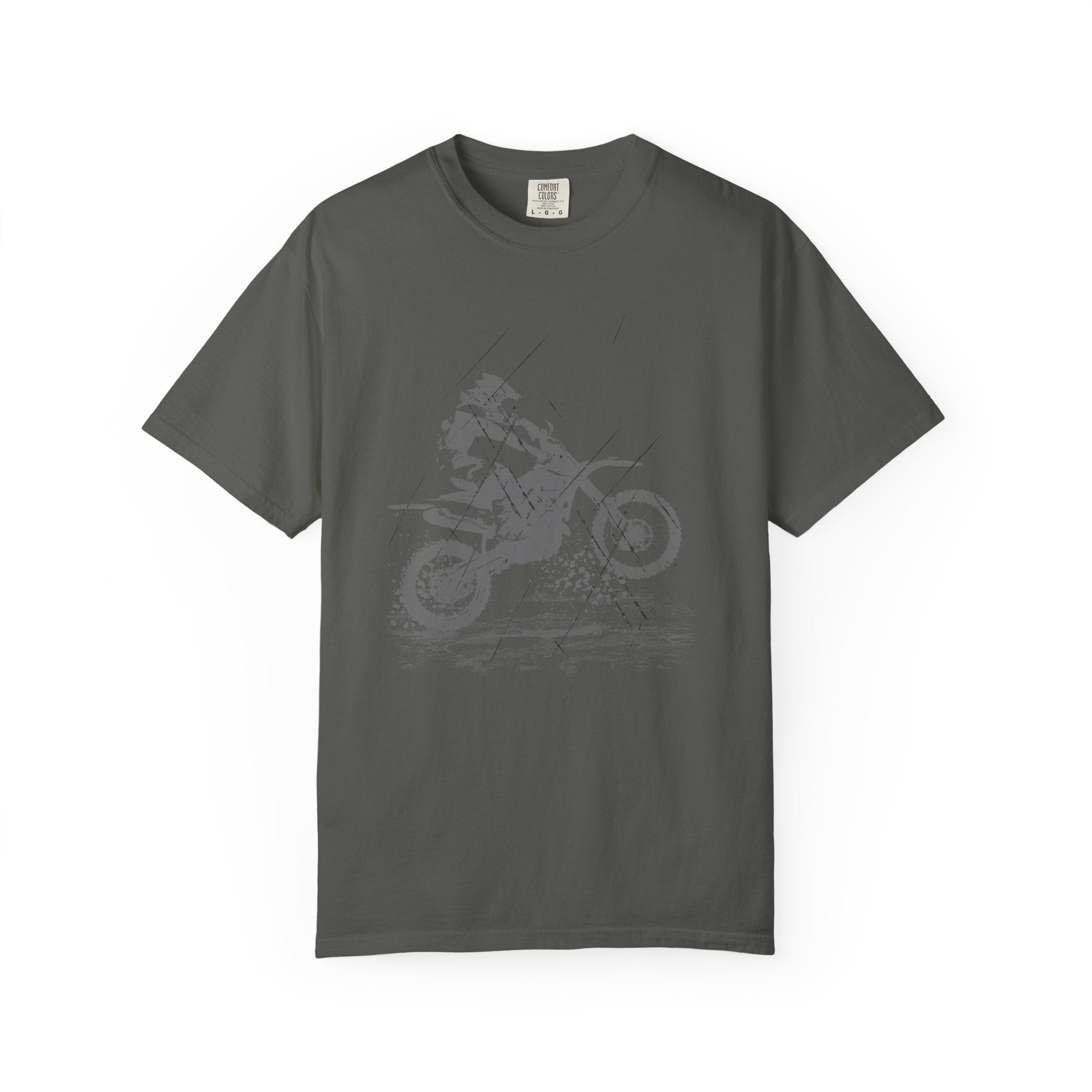 Pepper gray t-shirt with a vintage graphic of a person on a muddy motorcycle  on a white background