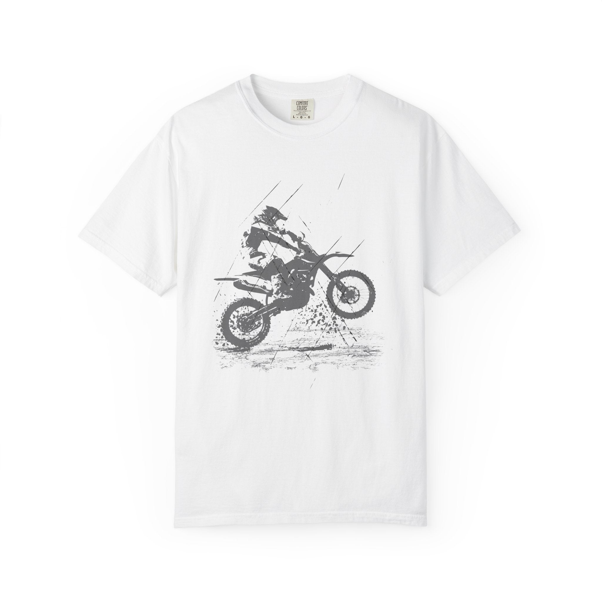 White t-shirt with a vintage graphic of a person on a muddy motorcycle  on a white background