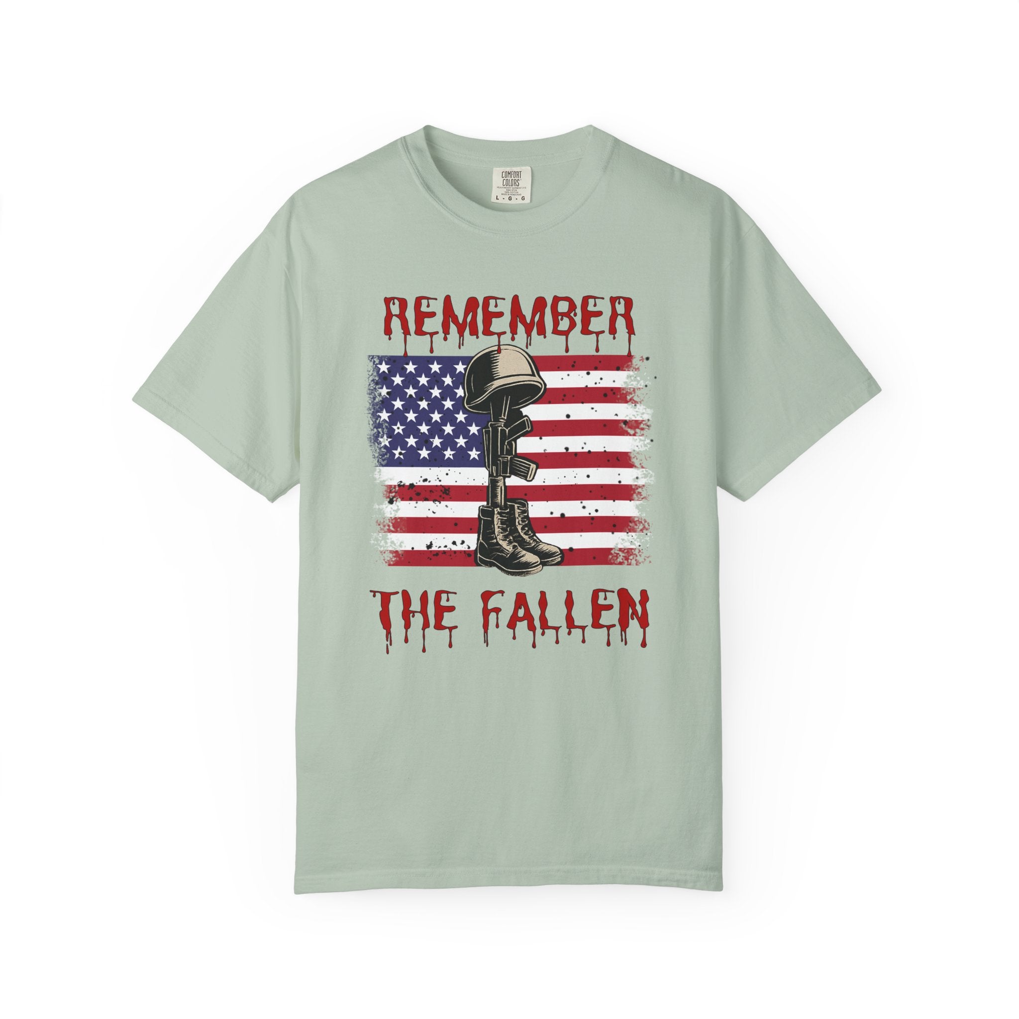 Bay light green t-shirt with American flag and military boot graphic, featuring 'Remember the Fallen' text.