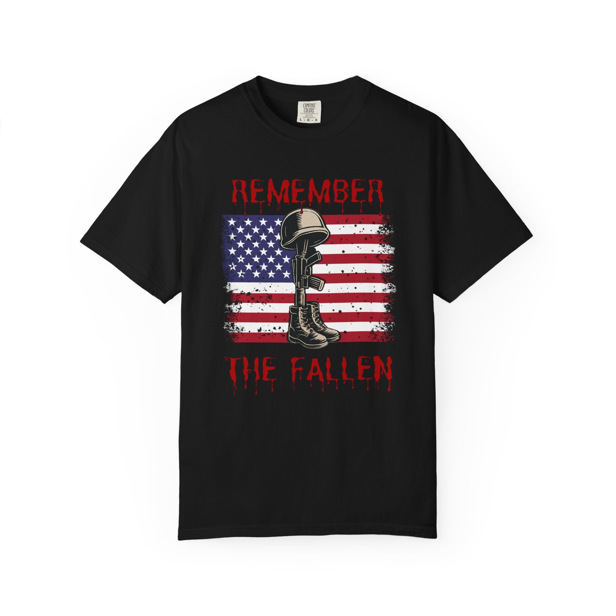 Black t-shirt with American flag and military boot graphic, featuring 'Remember the Fallen' text.