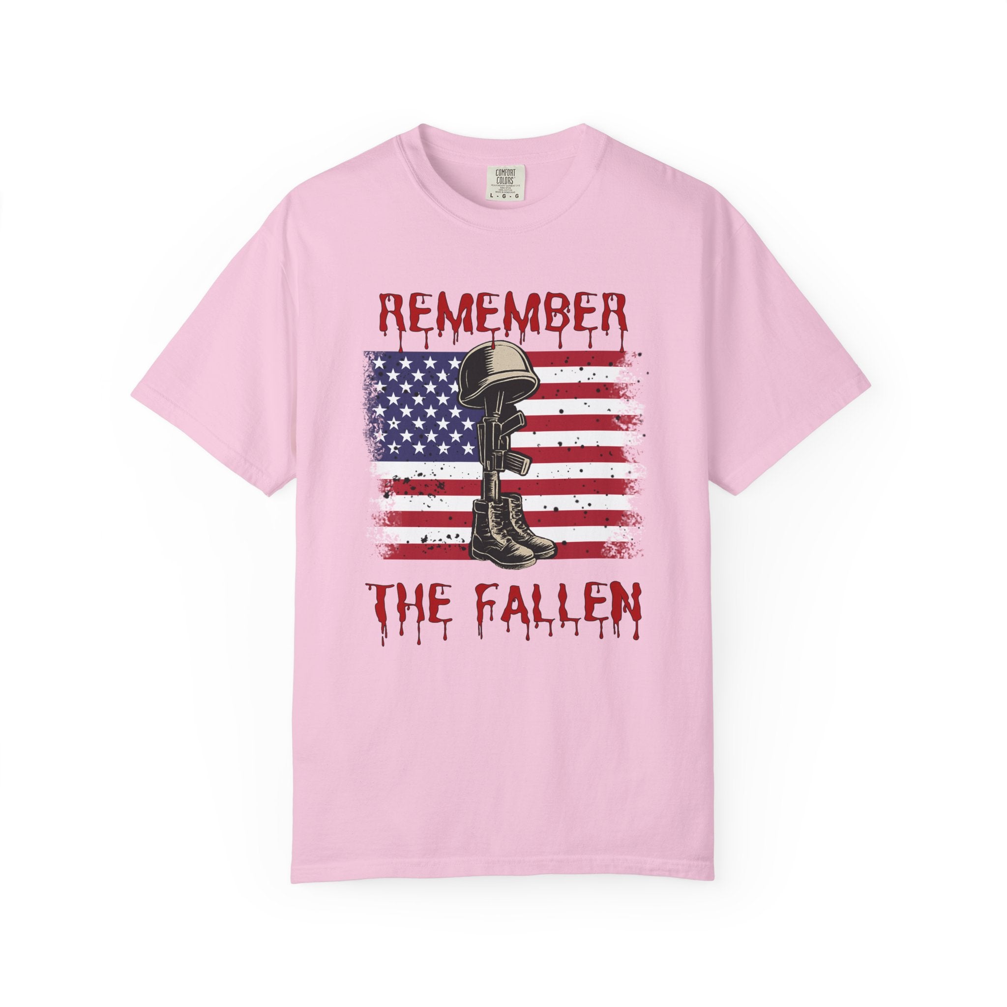 Blossom pink t-shirt with American flag and military boot graphic, featuring 'Remember the Fallen' text.