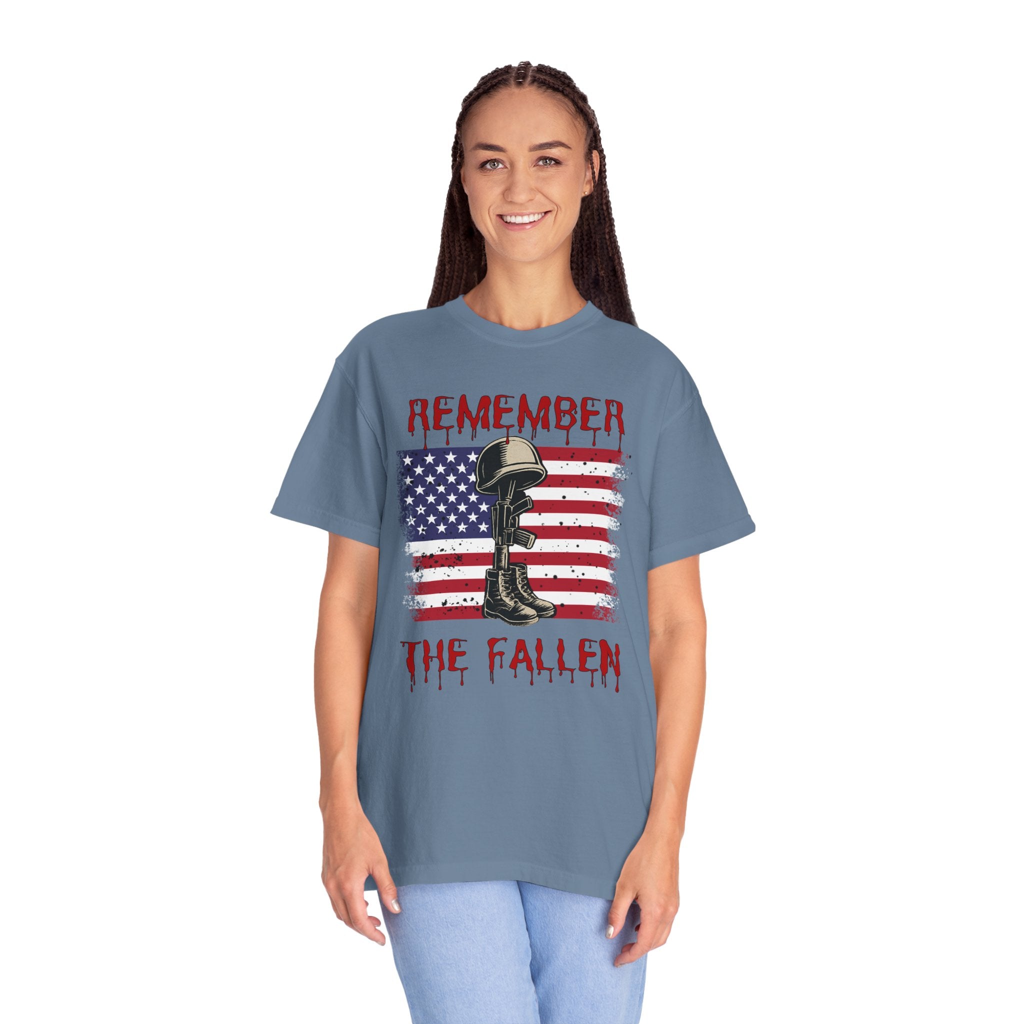 Woman wearing a blue t-shirt with a graphic design and text on a white background