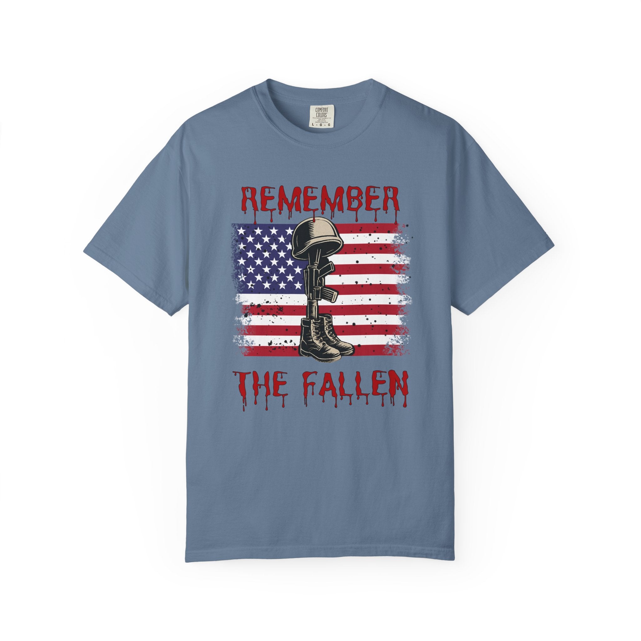 Blue jean t-shirt with American flag and military boots graphic, featuring text 'Remember the Fallen'.
