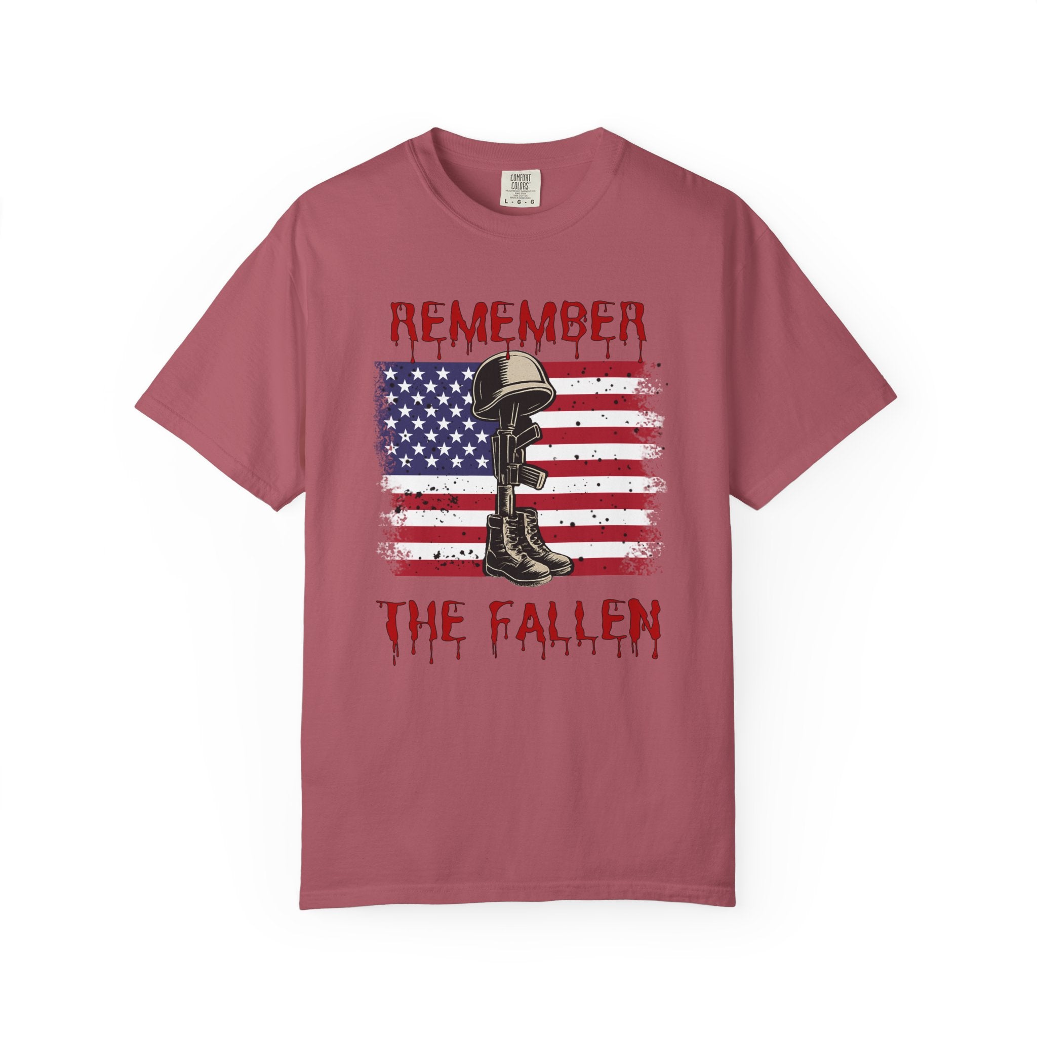 Maroon t-shirt with American flag and military boot graphic, featuring 'Remember the Fallen' text.