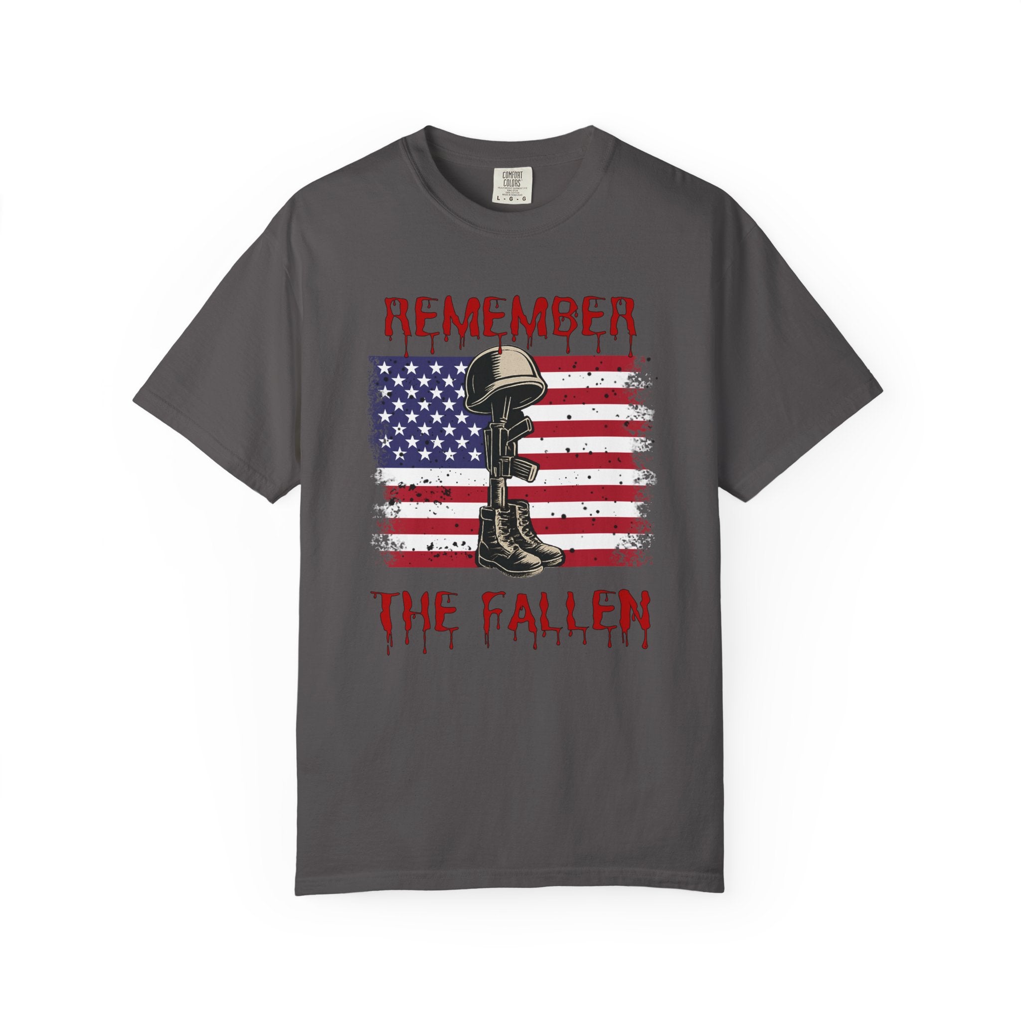 Graphite gray t-shirt with American flag and military helmet and boot graphic, text 'Remember the Fallen'.