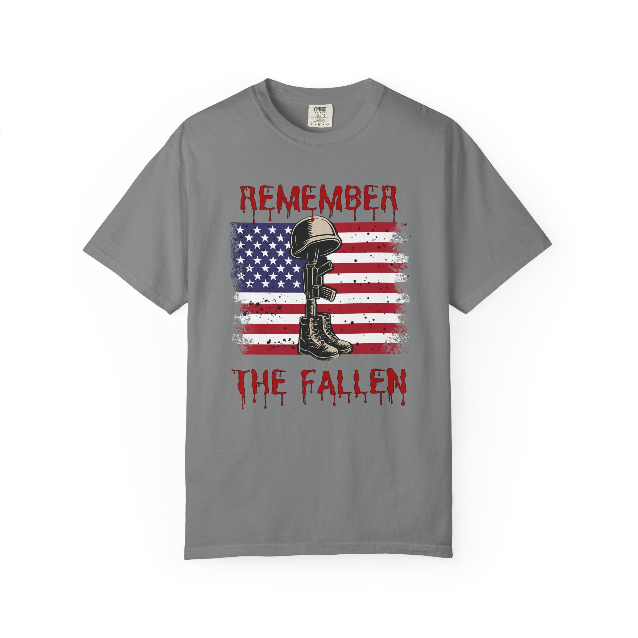 Gray t-shirt with American flag and military boot graphic, featuring text 'Remember the Fallen'.