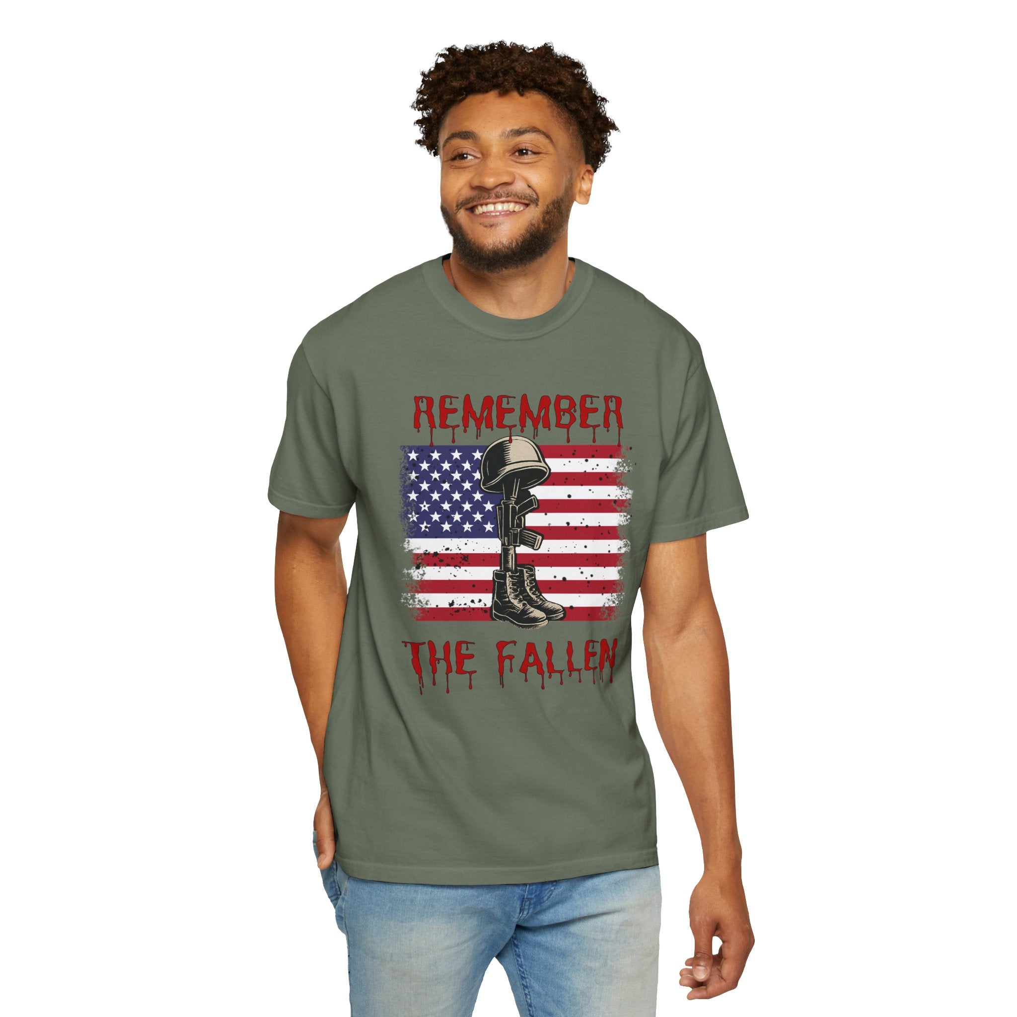 Man wearing a green t-shirt with a graphic design and text on a white background