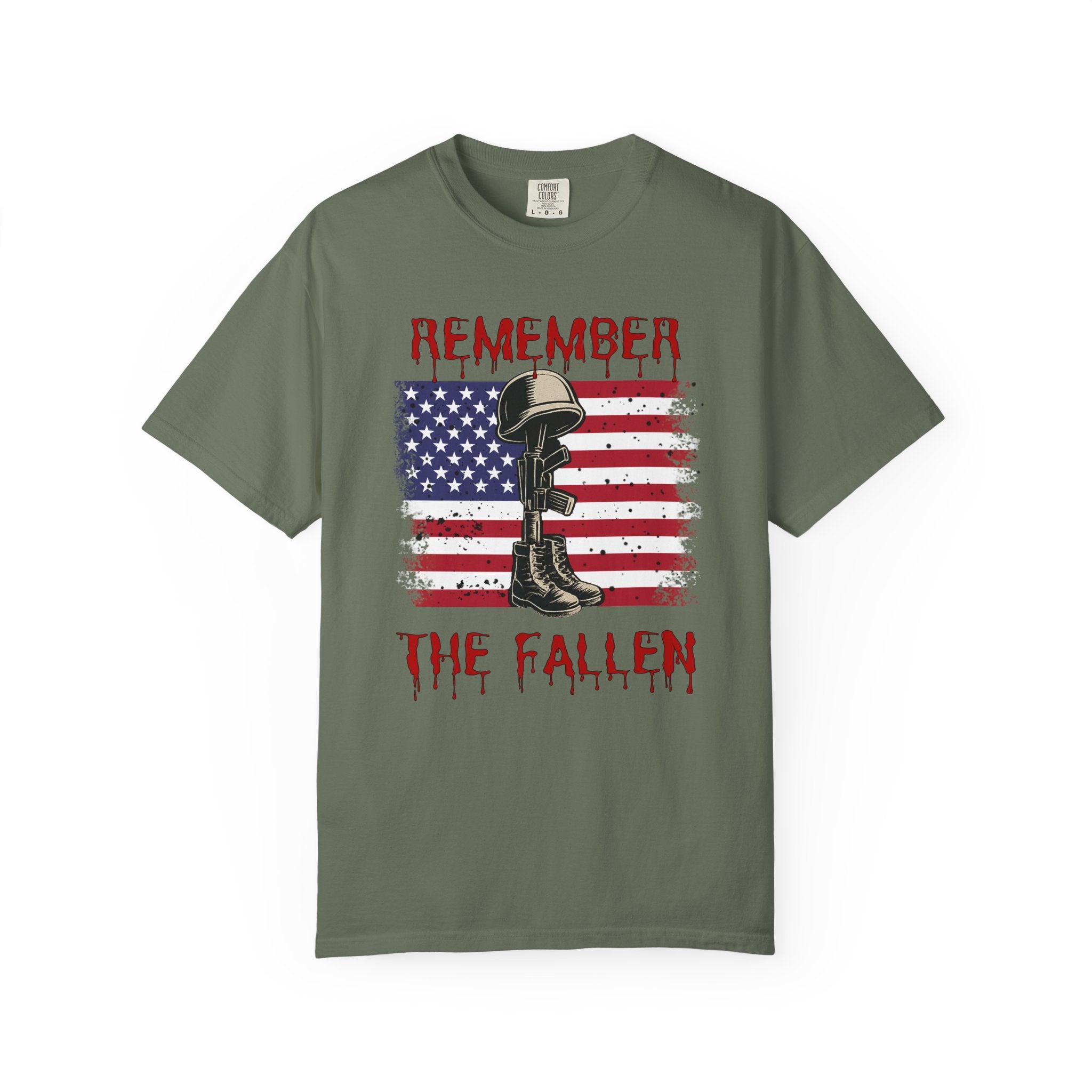 Moss green t-shirt with American flag and military boot graphic, featuring 'Remember the Fallen' text.
