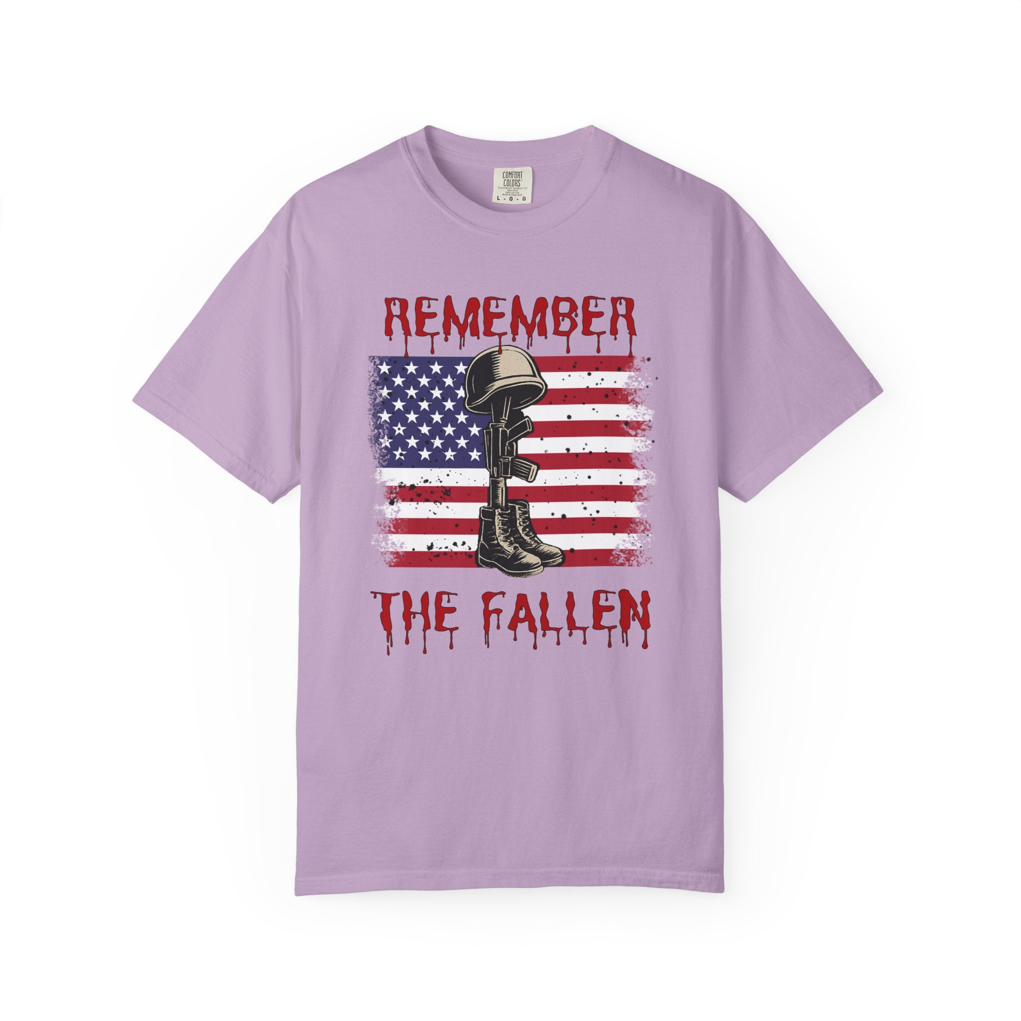 Orchid purple t-shirt with American flag and military boot graphic, featuring 'Remember the Fallen' text.