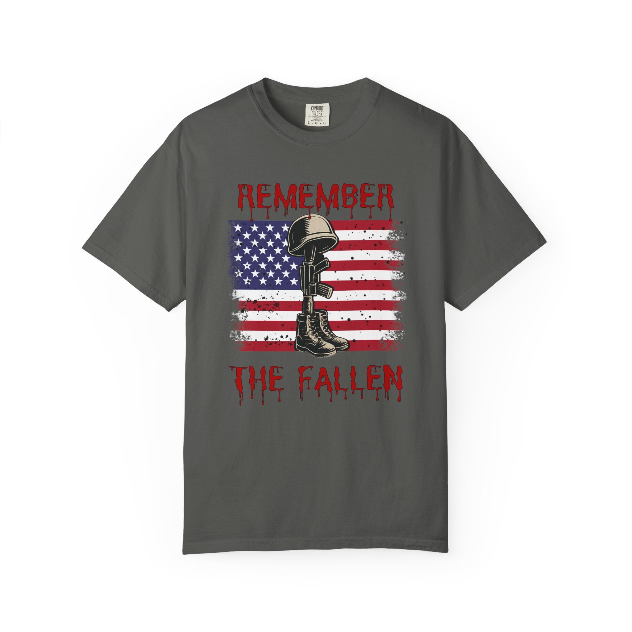 Pepper gray t-shirt with American flag and military boot graphic, featuring 'Remember the Fallen' text.