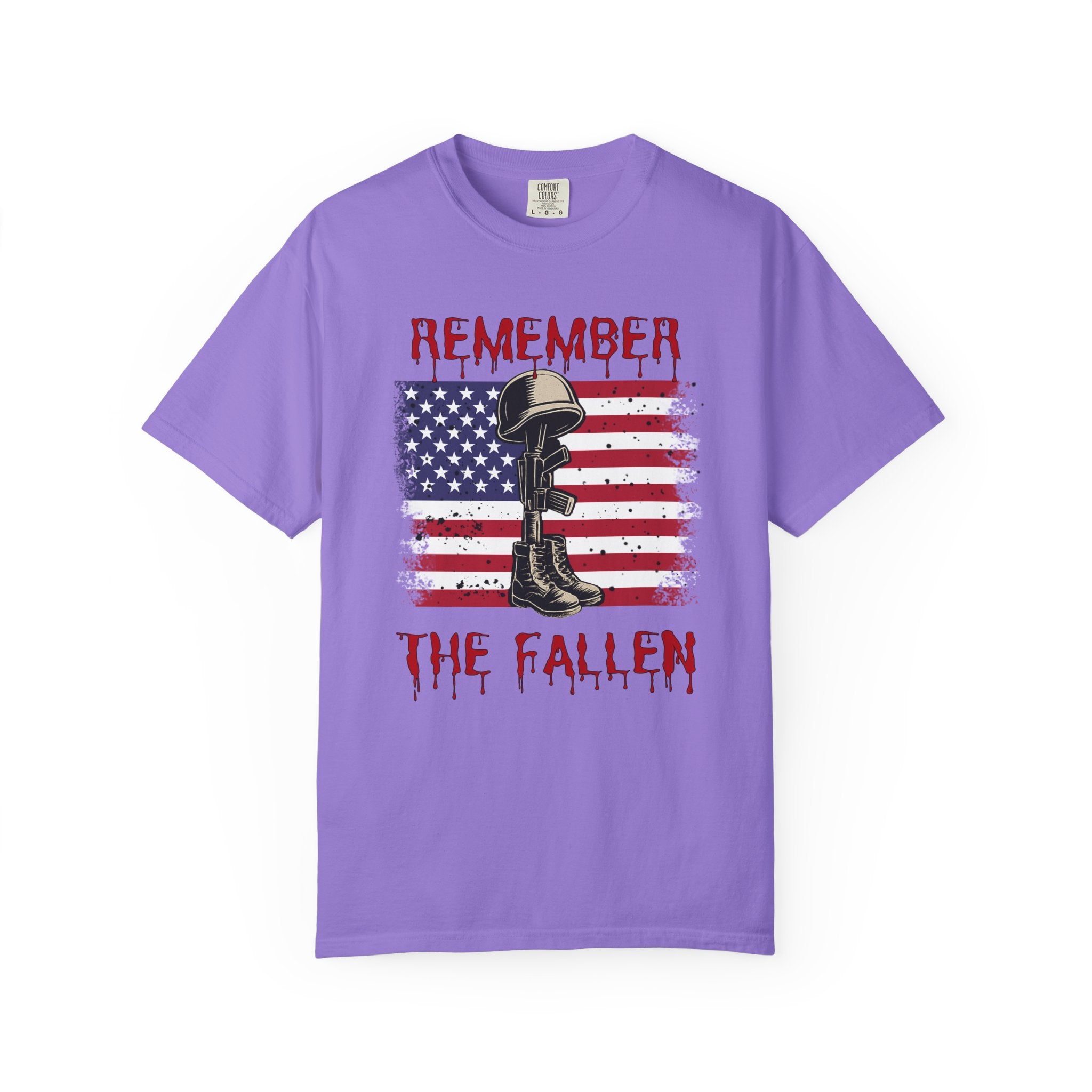 Purple t-shirt with American flag and military boot graphic, featuring 'Remember the Fallen' text.