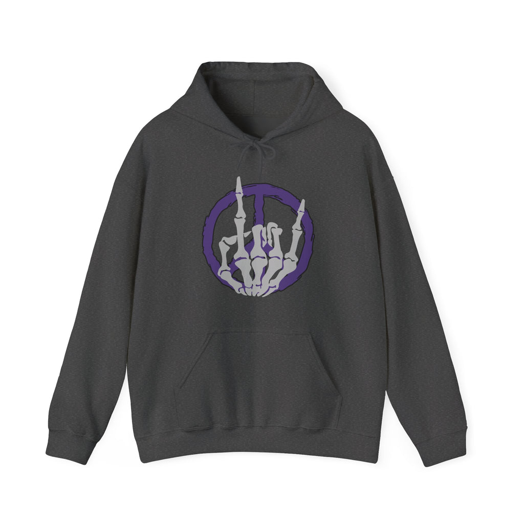 Gray hoodie with skeleton hand and peace symbol design on a white background