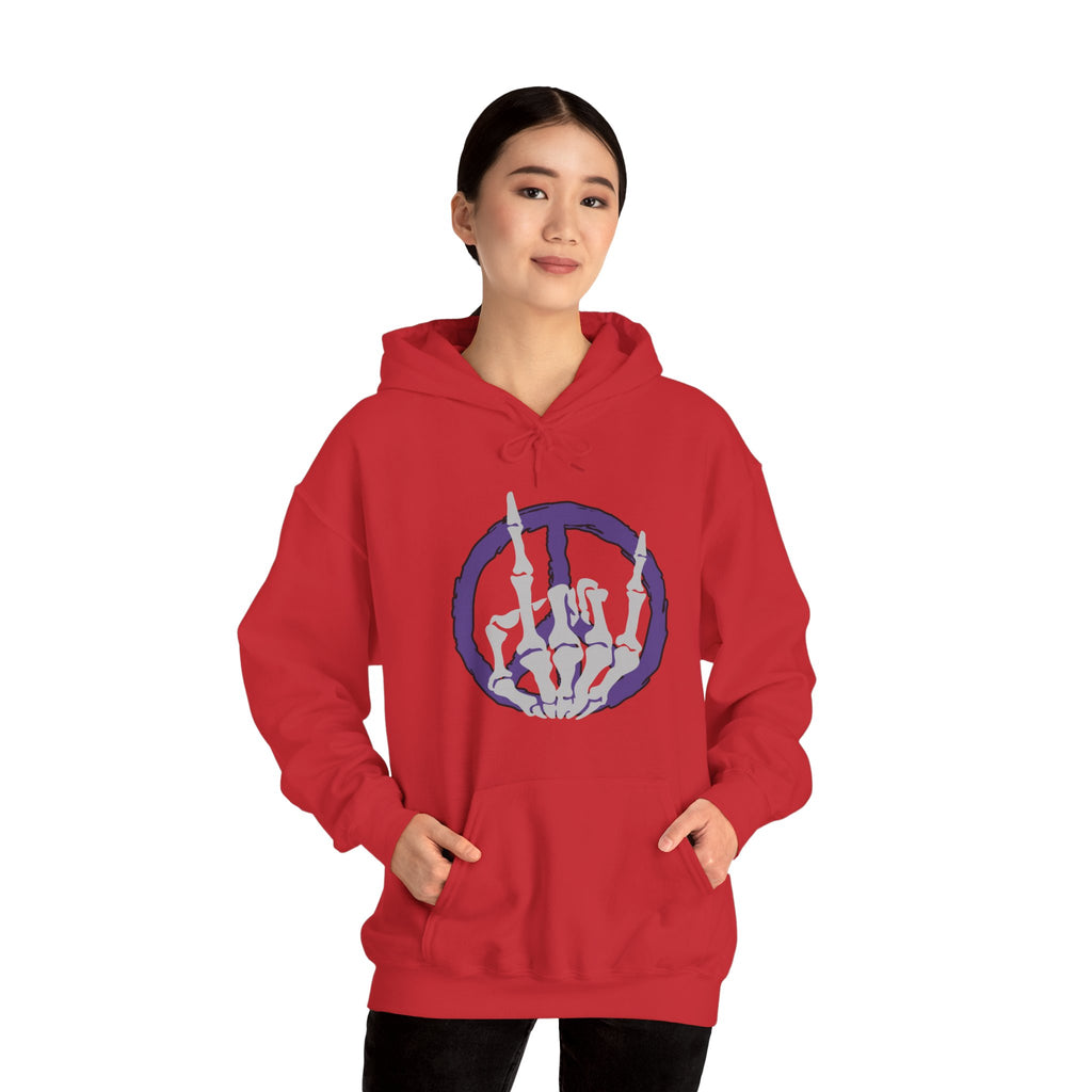 Person wearing a red hoodie with a unique design on a white background