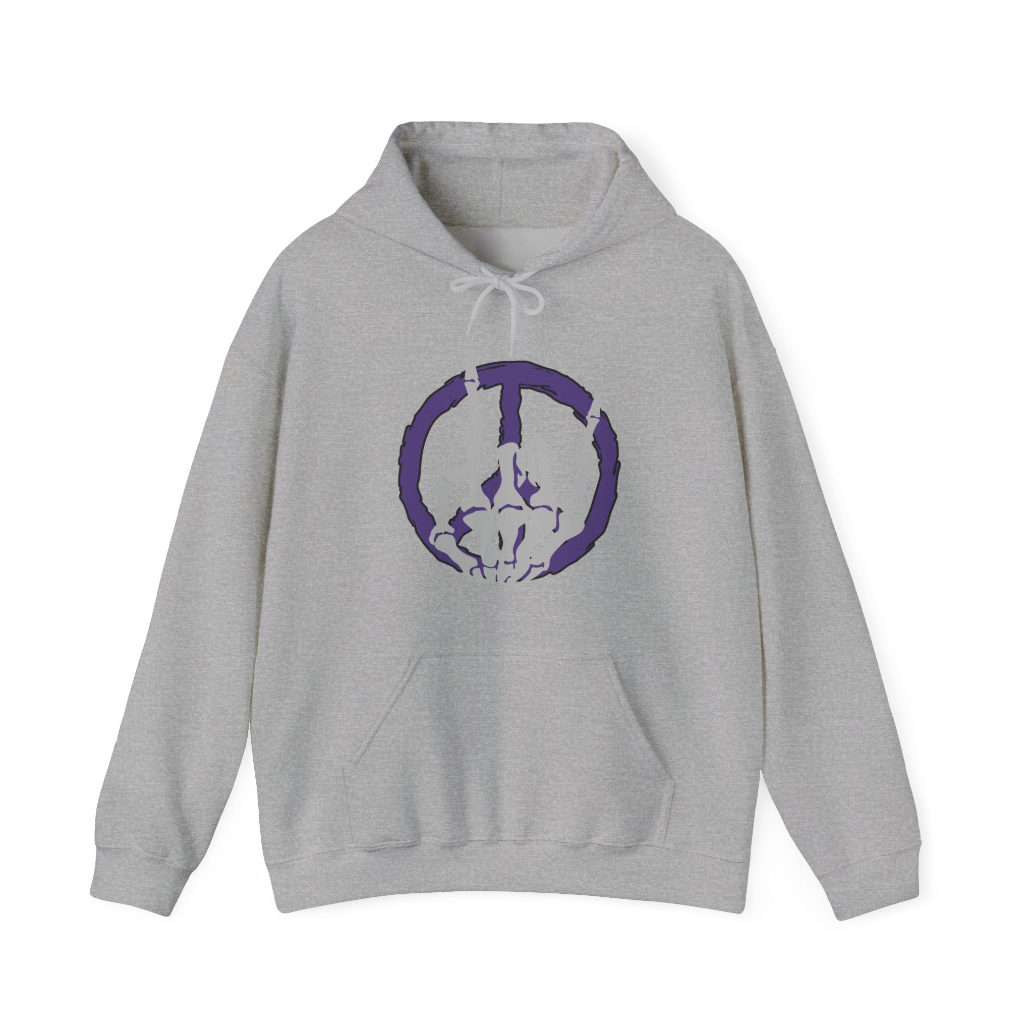 Gray hoodie with a purple graphic design on a white background