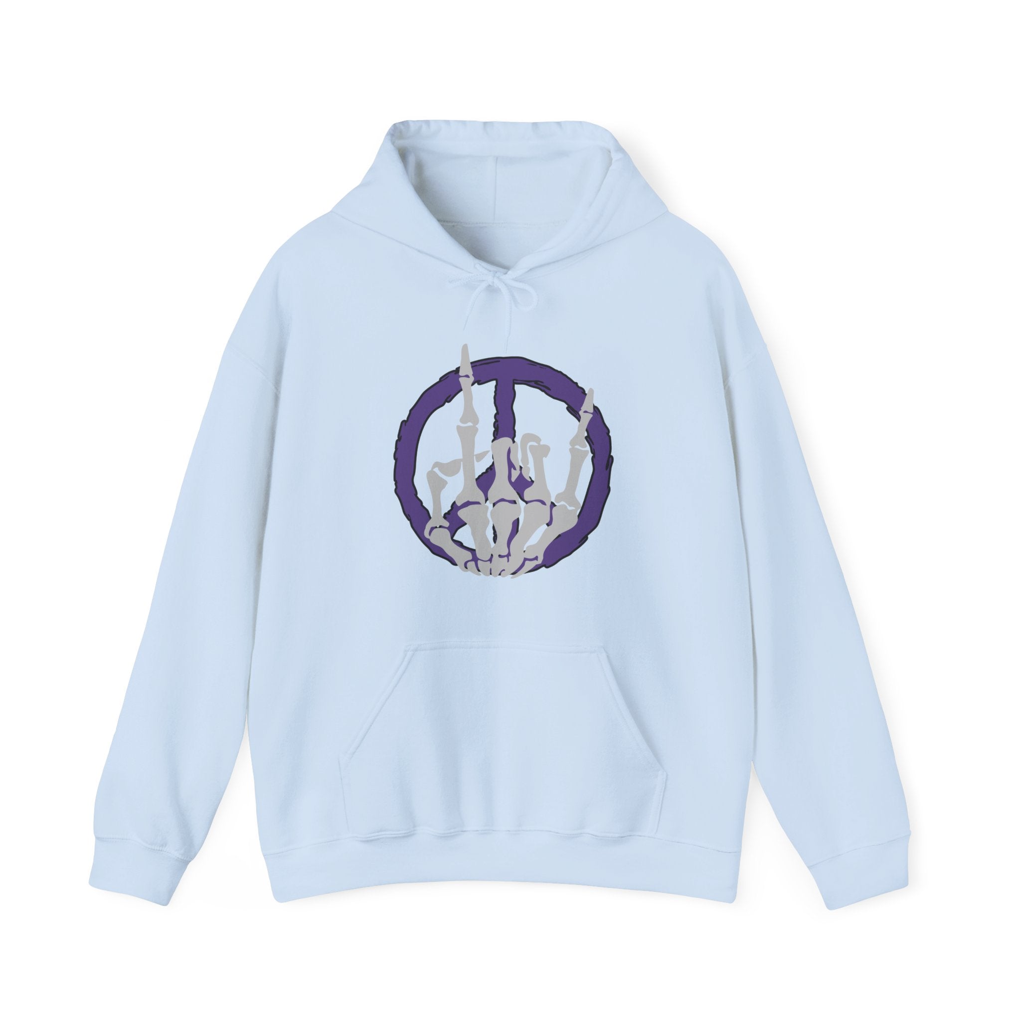 Light blue hoodie with a peace symbol design on a white background