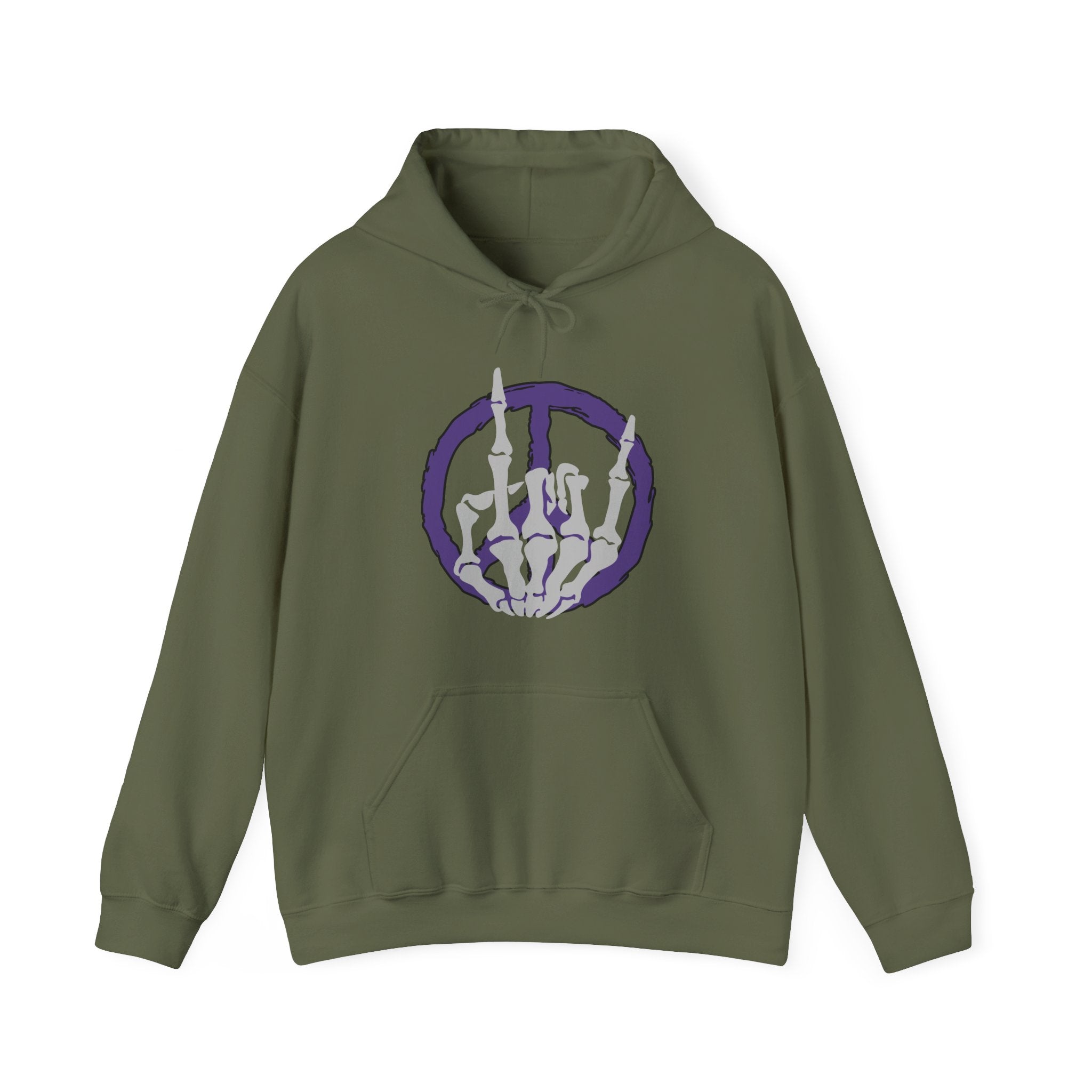 Military green hoodie with a purple and white graphic on a white background