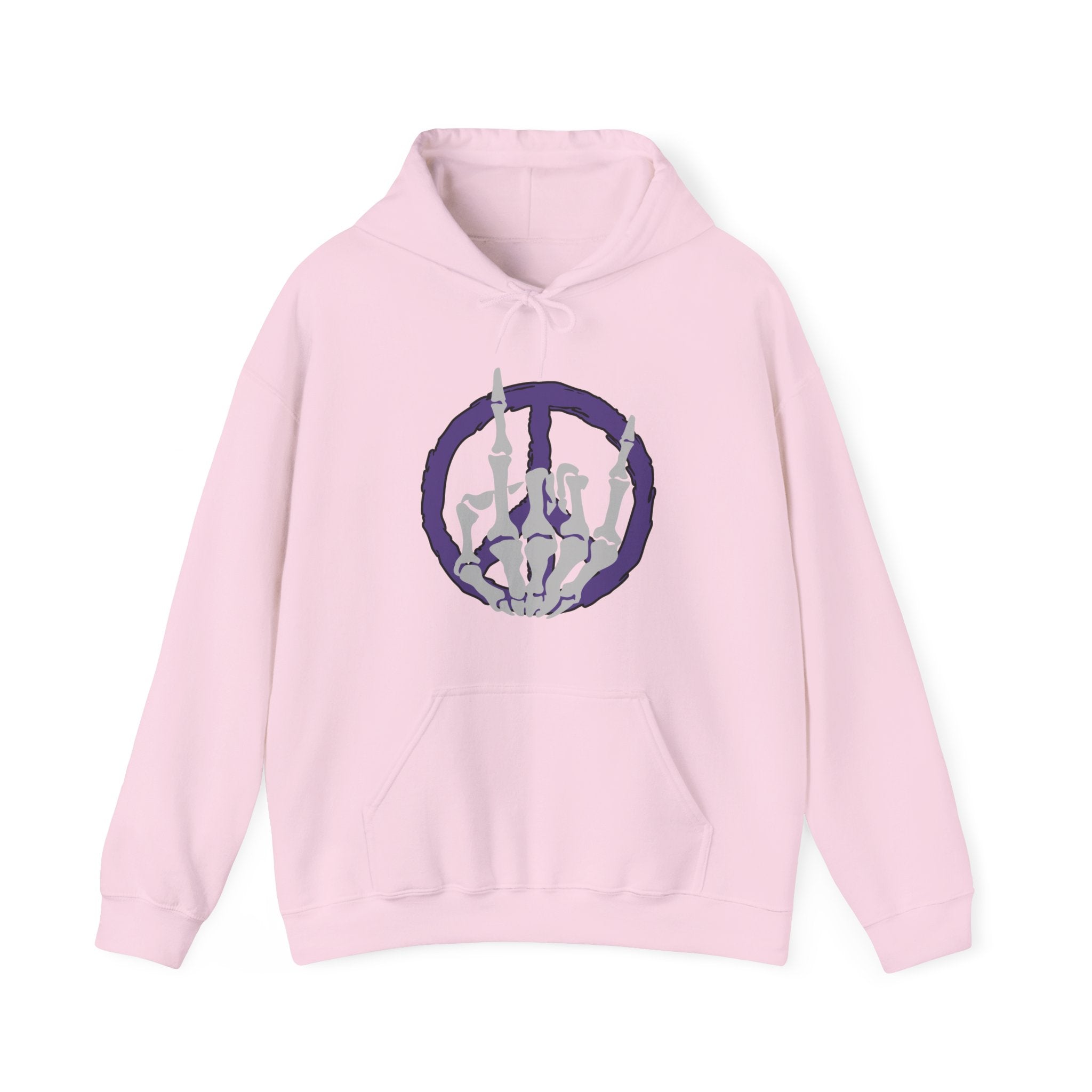 Pink hoodie with a peace sign design on a white background