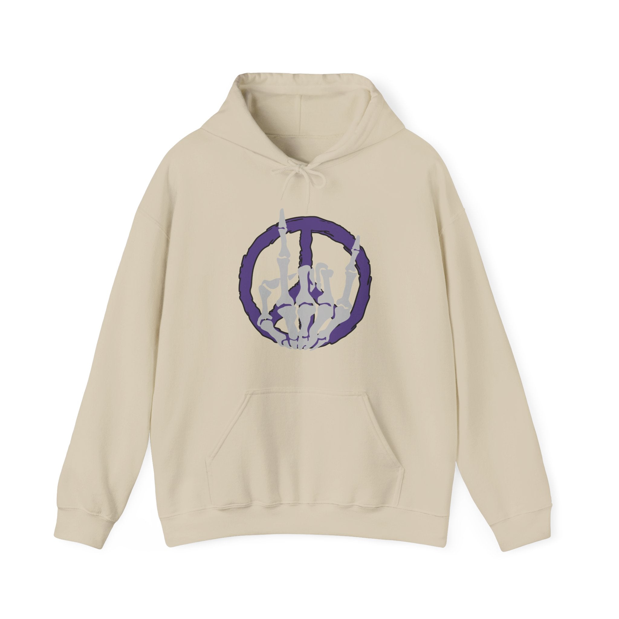 Beige hoodie with a purple and blue graphic design on a white background