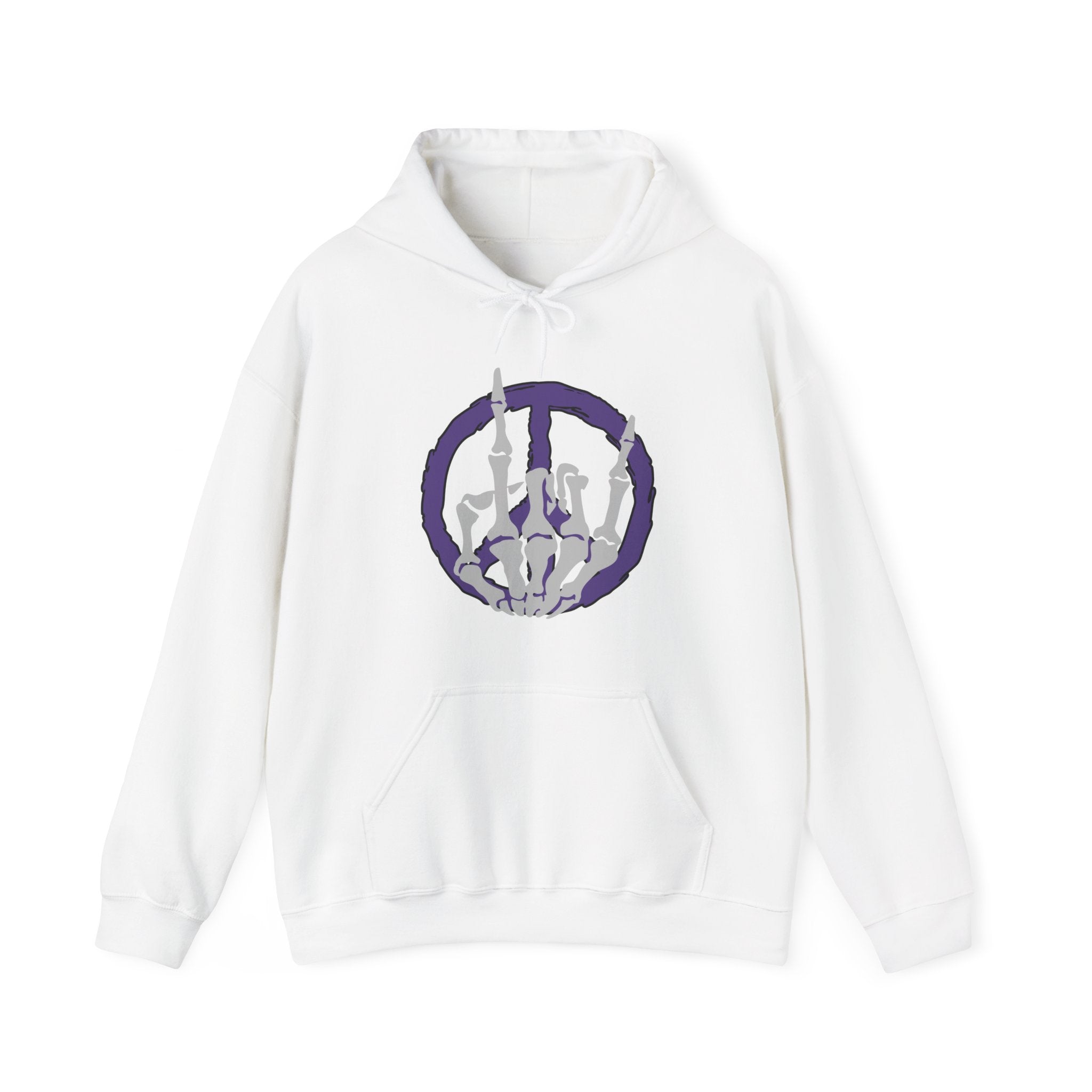 White hoodie with a purple and gray graphic design on a white background