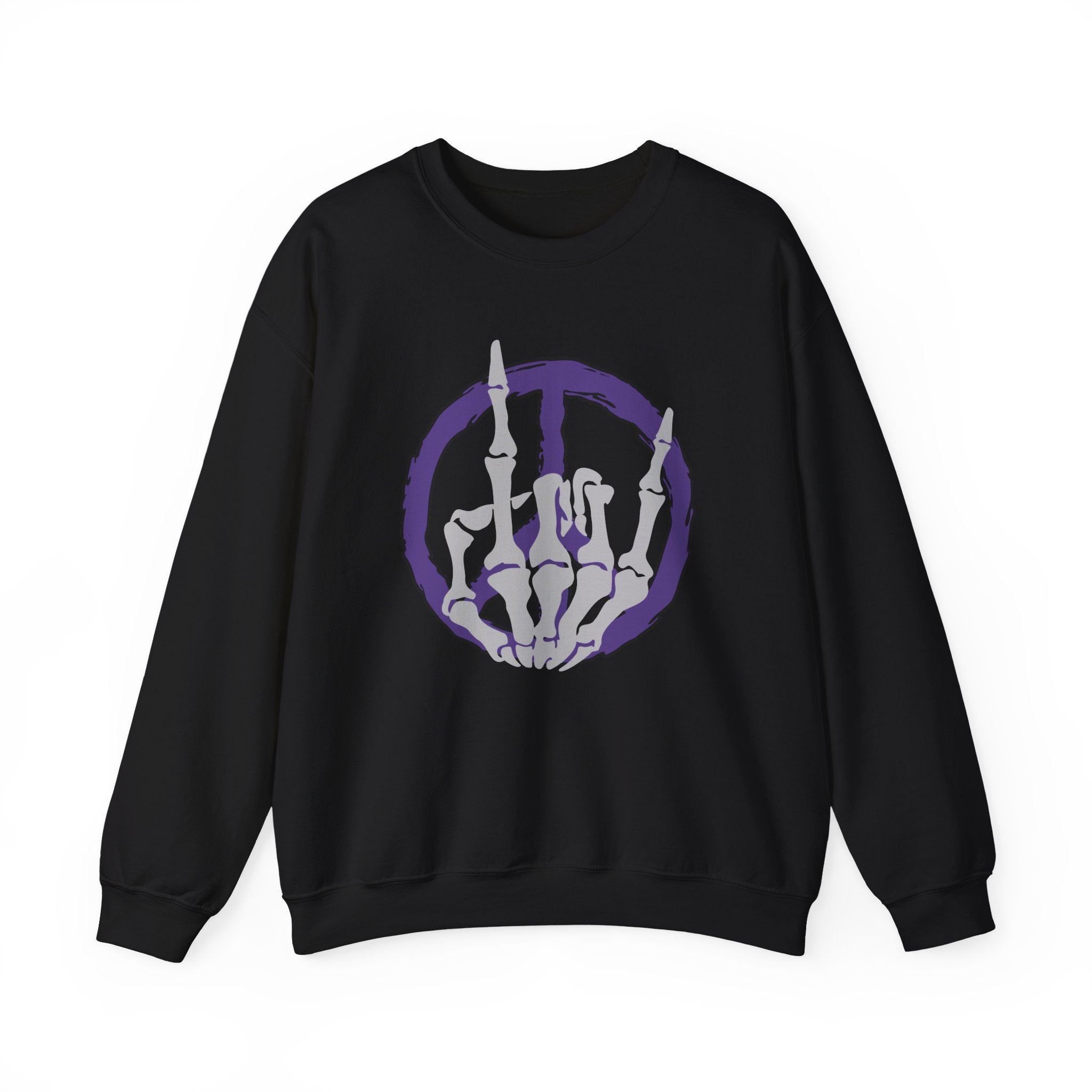 Black sweatshirt with a skeleton hand and purple circle design on a white background