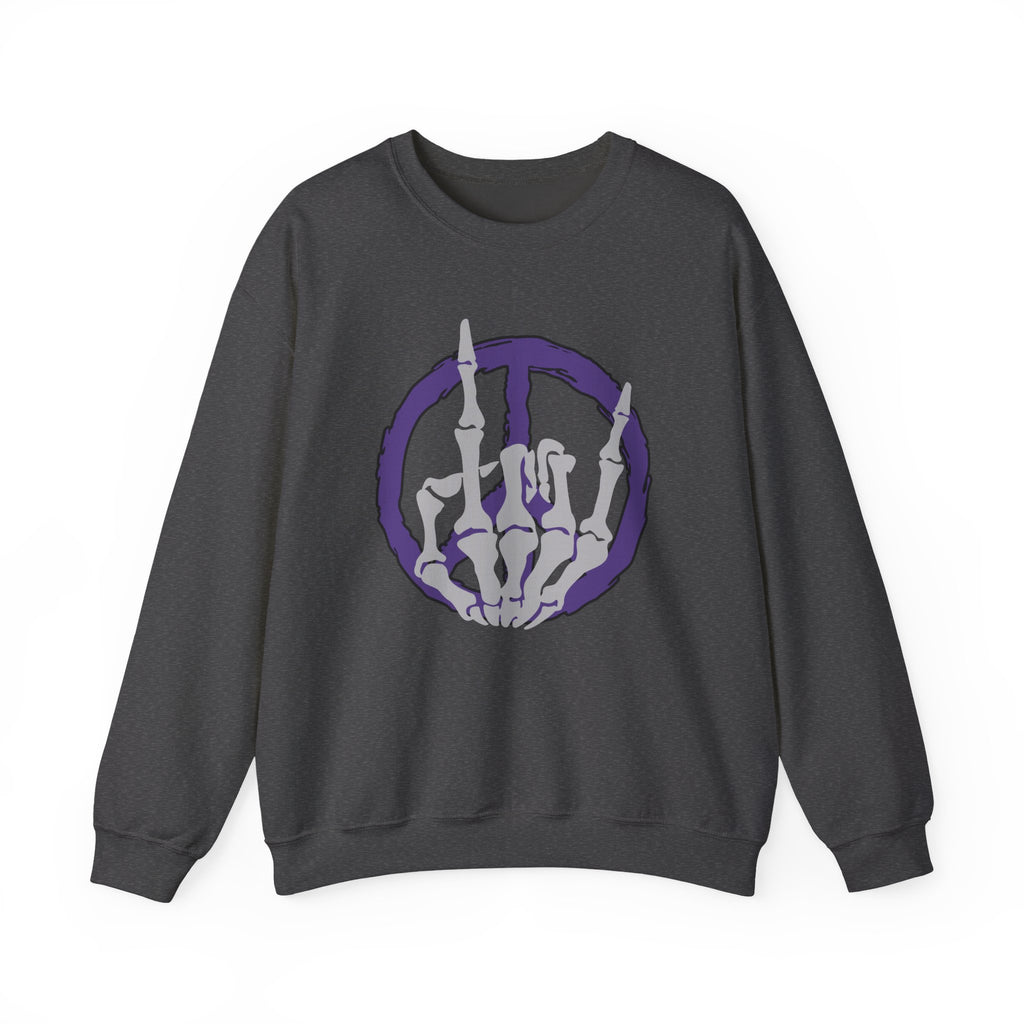 Dark gray sweatshirt with a purple and white graphic on a white background