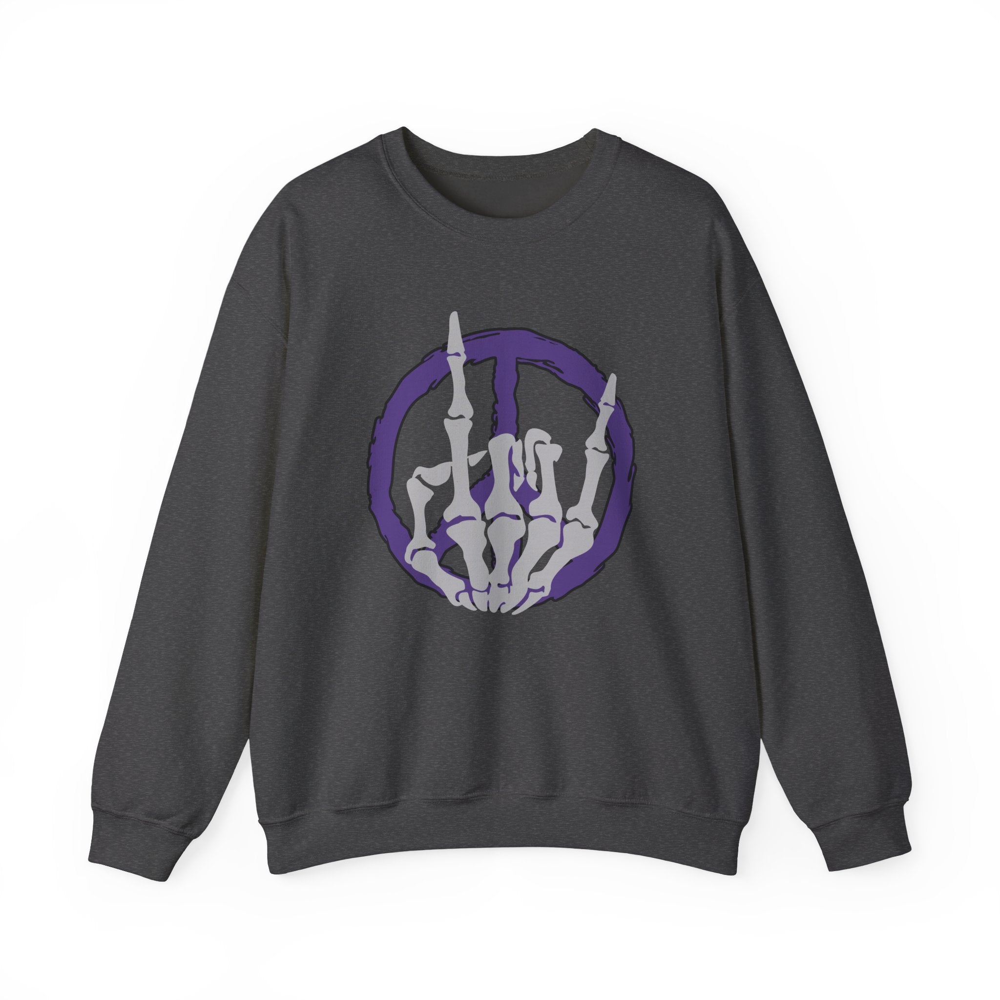 Dark gray sweatshirt with a purple and white graphic on a white background