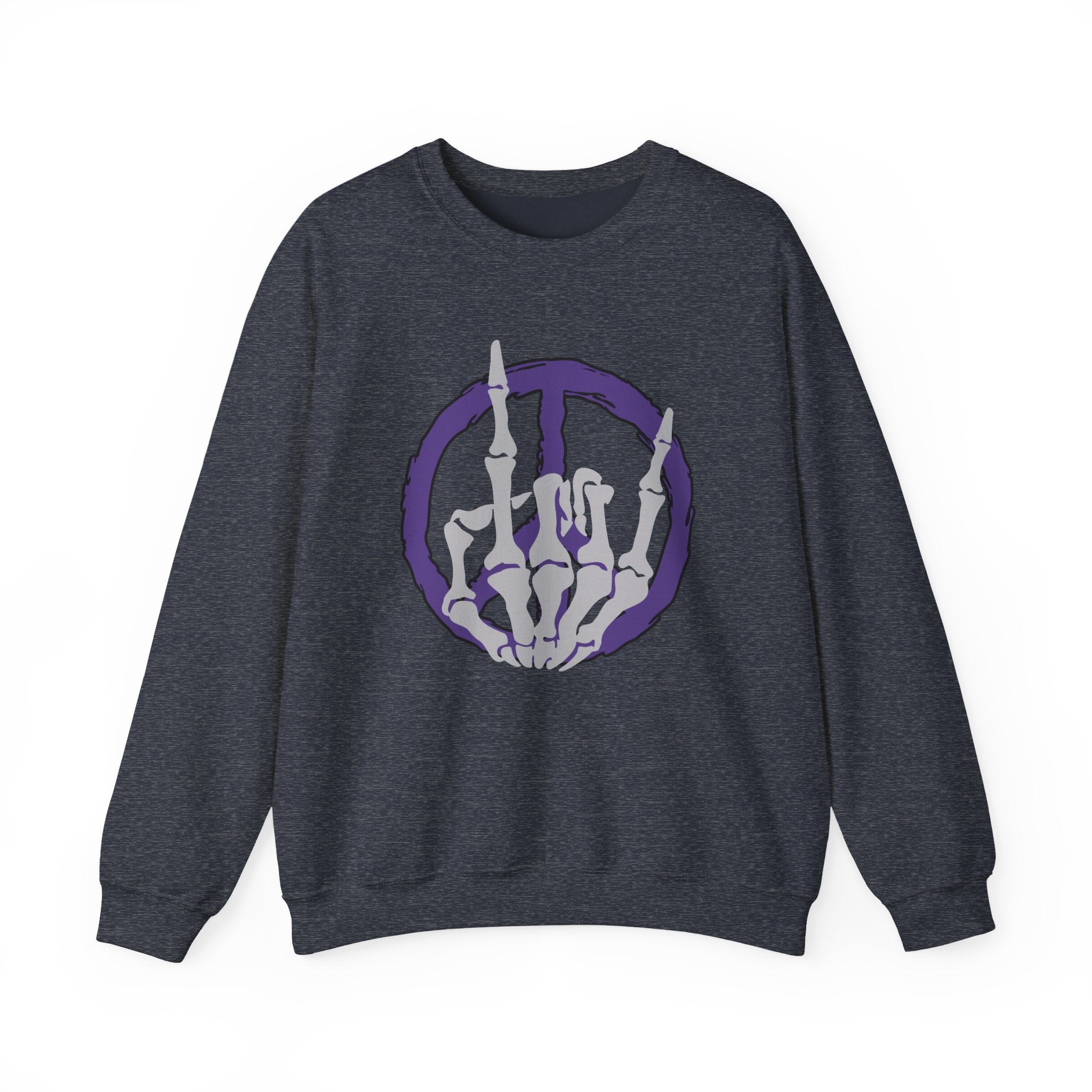 Gray sweatshirt with a purple and white graphic on a white background