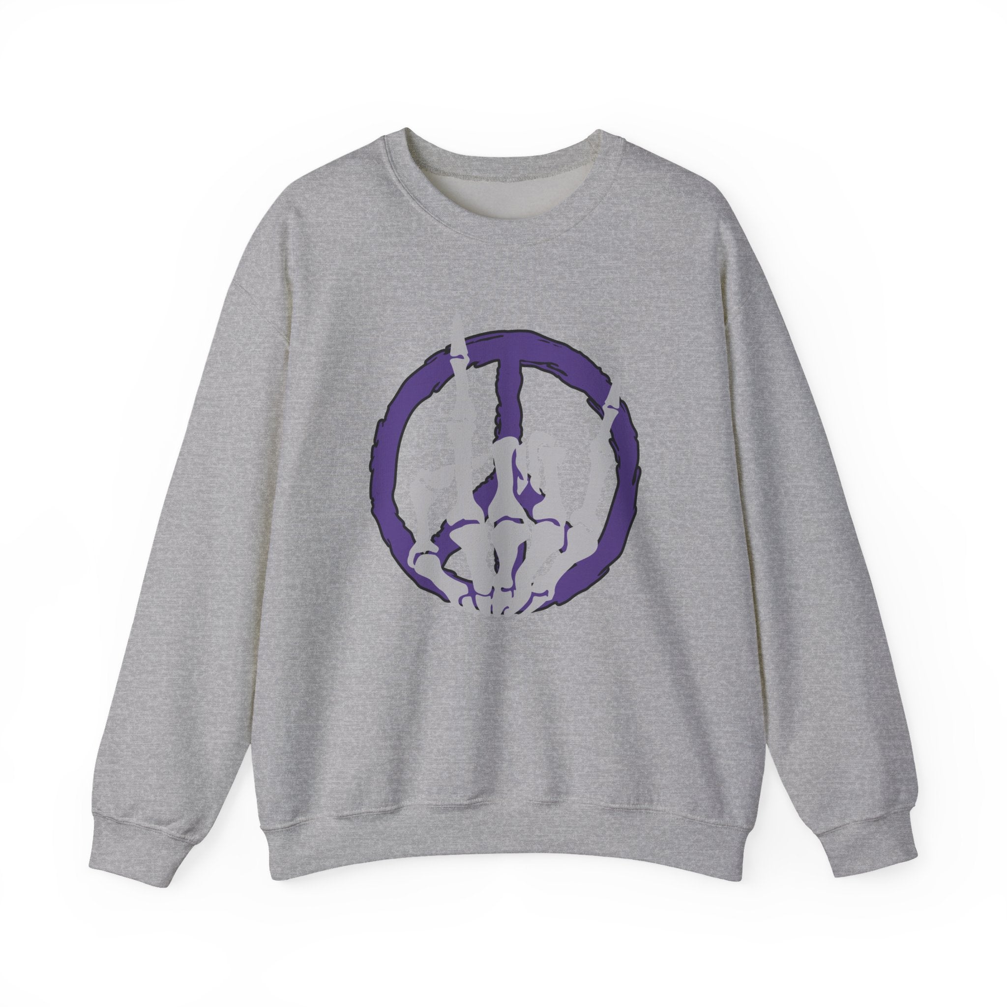 Gray sweatshirt with a purple logo on a white background