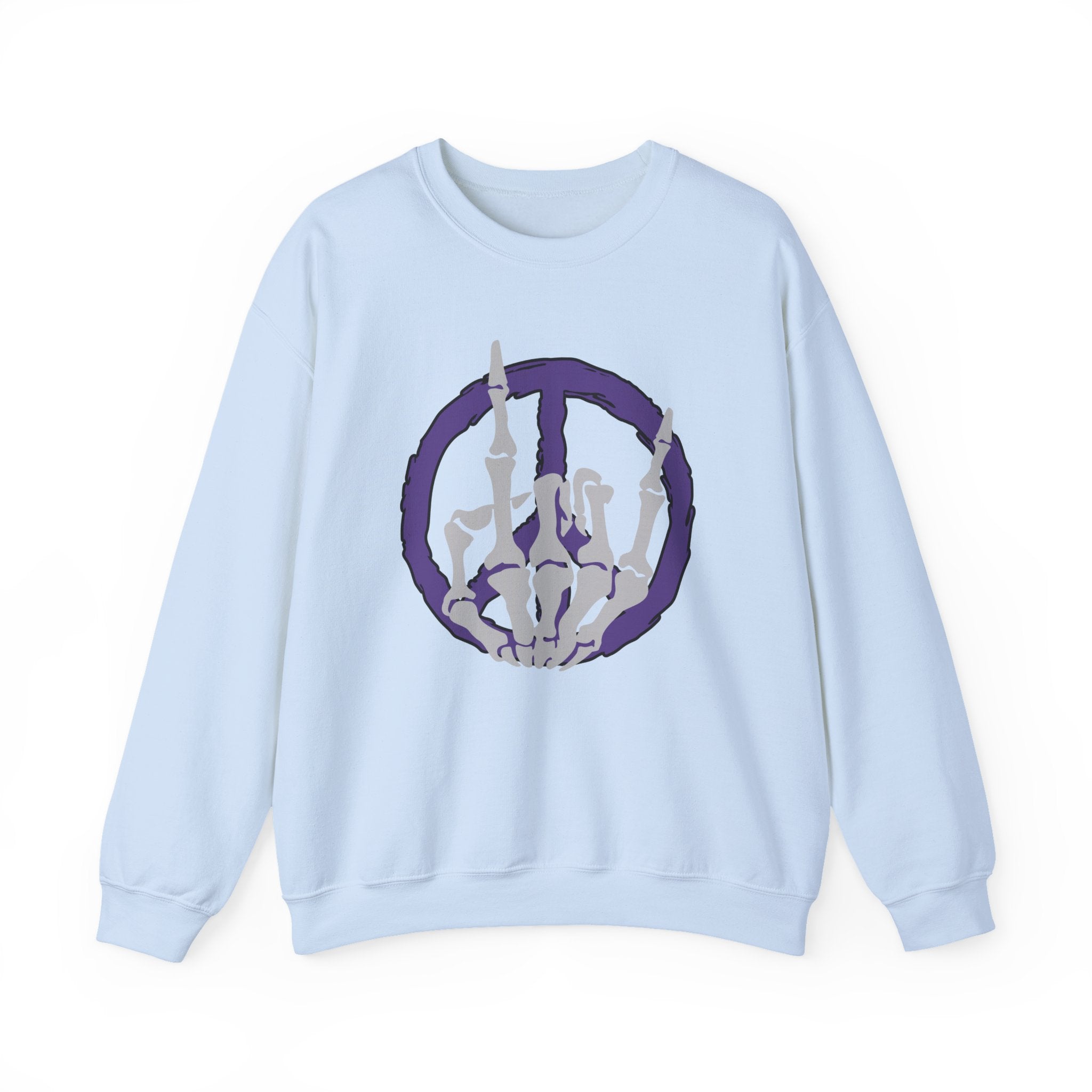 Light blue sweatshirt with a peace sign and skeleton hand design on a white background