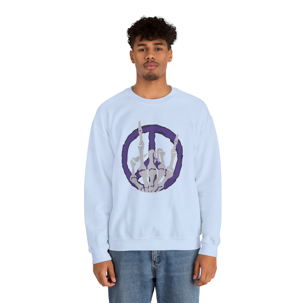 Person wearing a light blue sweatshirt with a graphic design on a white background