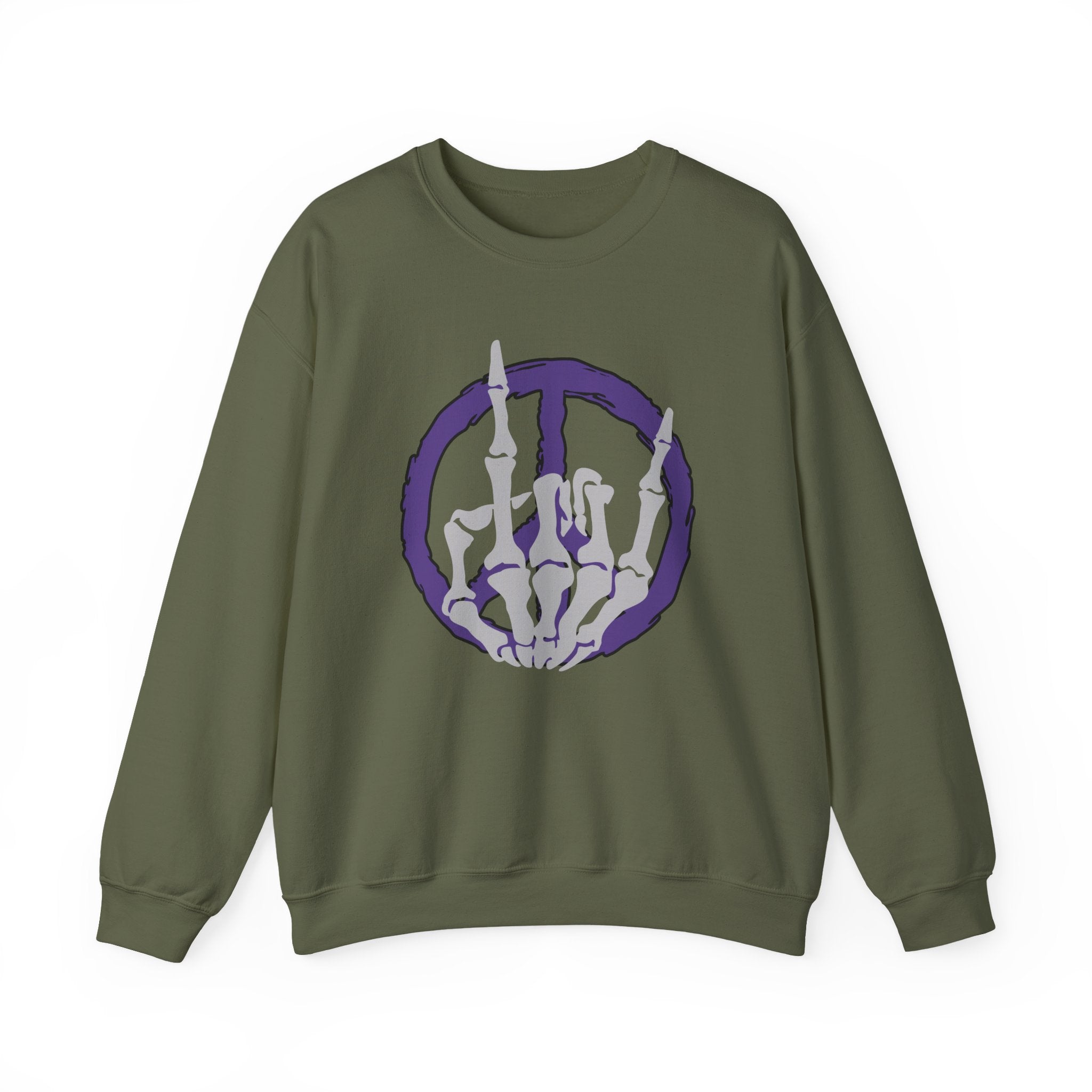 Military green sweatshirt with a purple and white graphic on a white background