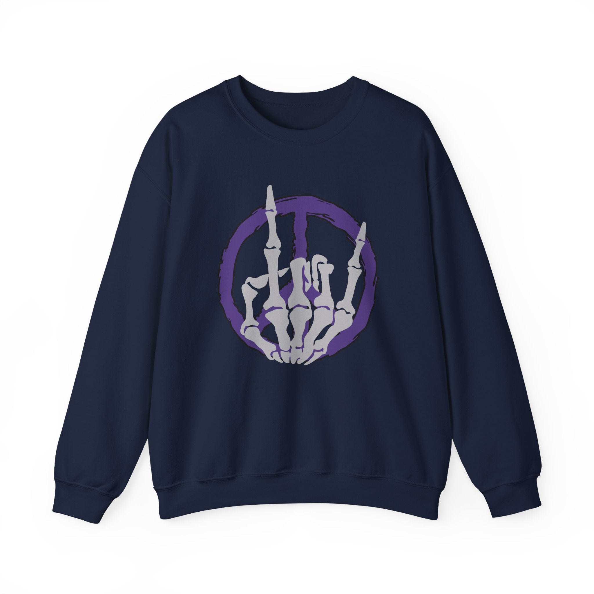 Navy blue sweatshirt with a skeleton hand sign design on a white background